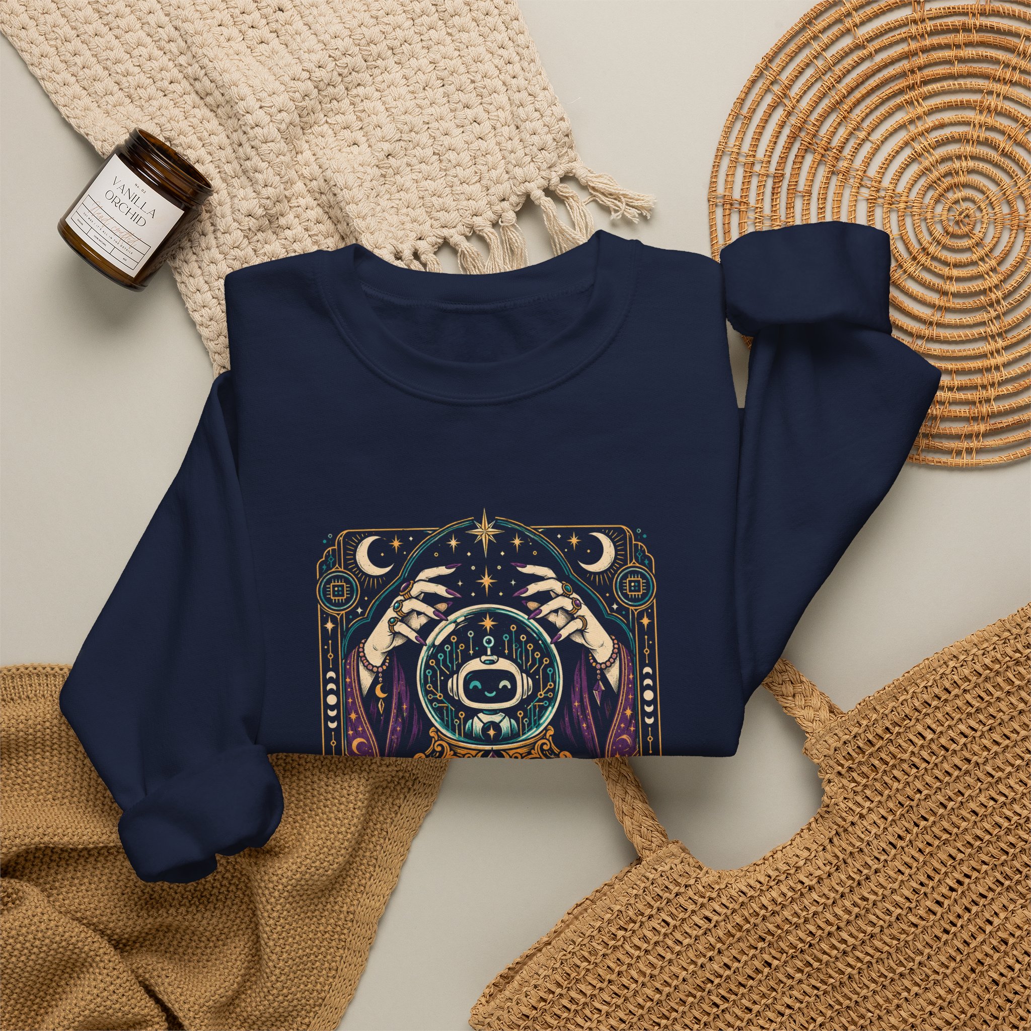 AI Magic Crystal Ball crewneck sweatshirt in Navy, folded 2