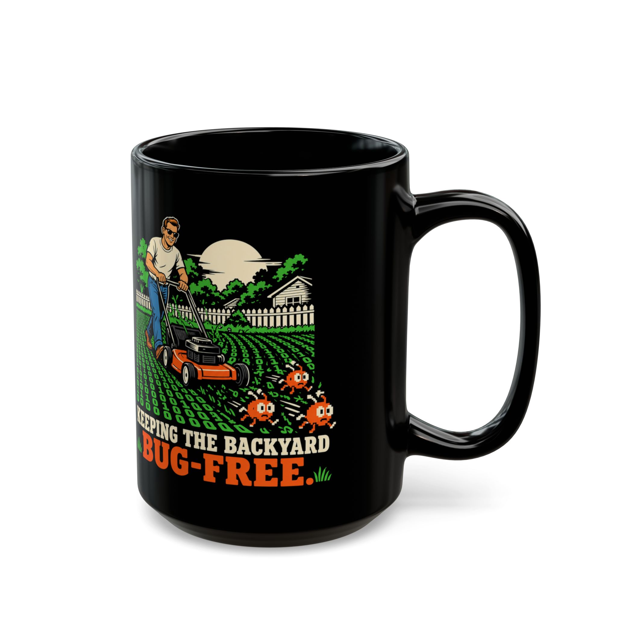 Bug-Free Backyard black mug, 15 oz, right side