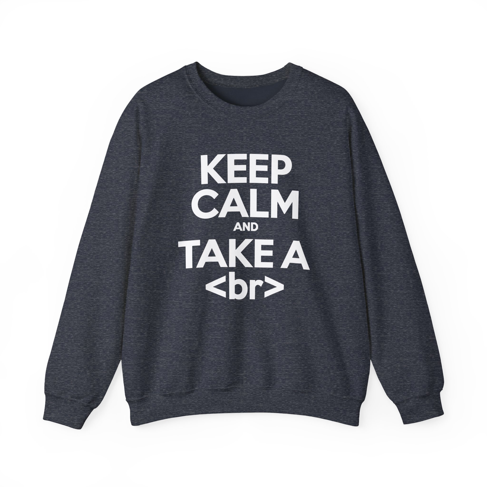 Keep Calm and Take a Break crewneck sweatshirt in Heather Sport Dark Navy, front view