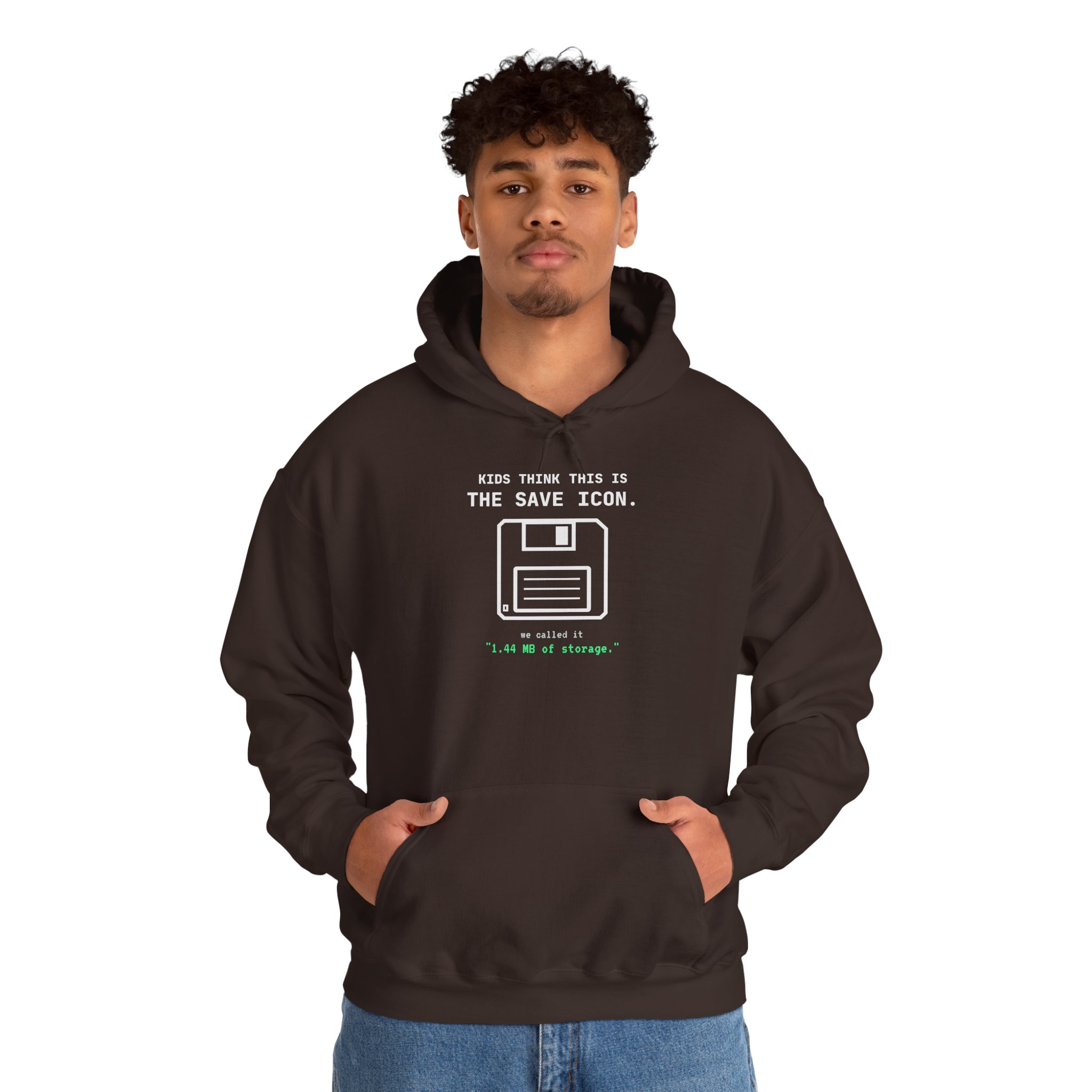 The Original Save Icon hoodie in Dark Chocolate, worn by a model, second view