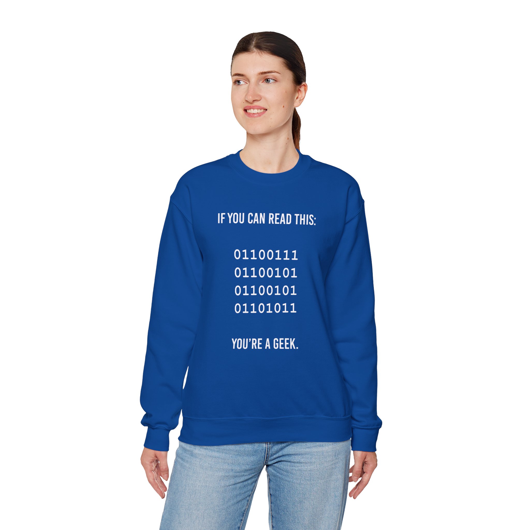 Geek Binary Code crewneck sweatshirt in Royal, worn by a model, fourth view