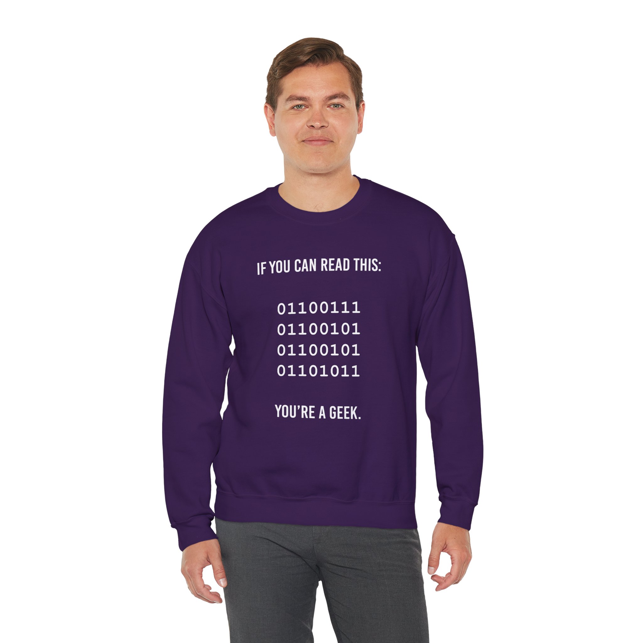 Geek Binary Code crewneck sweatshirt in Purple, worn by a model, third view