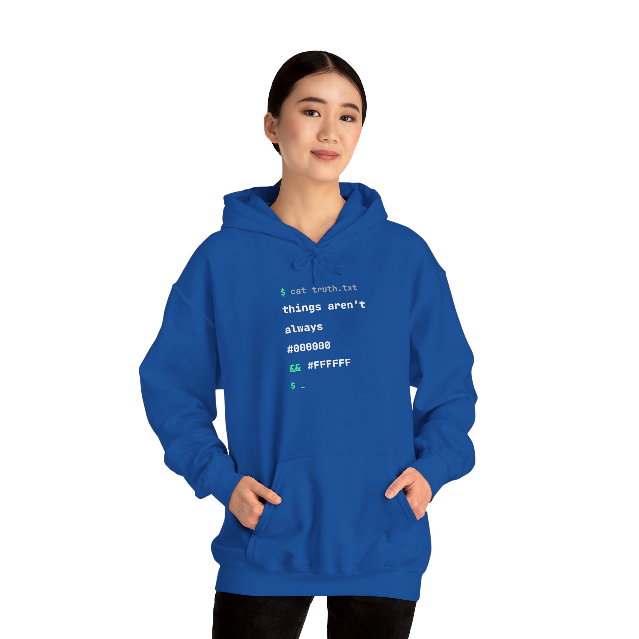 cat truth.txt hoodie in Royal, worn by a model