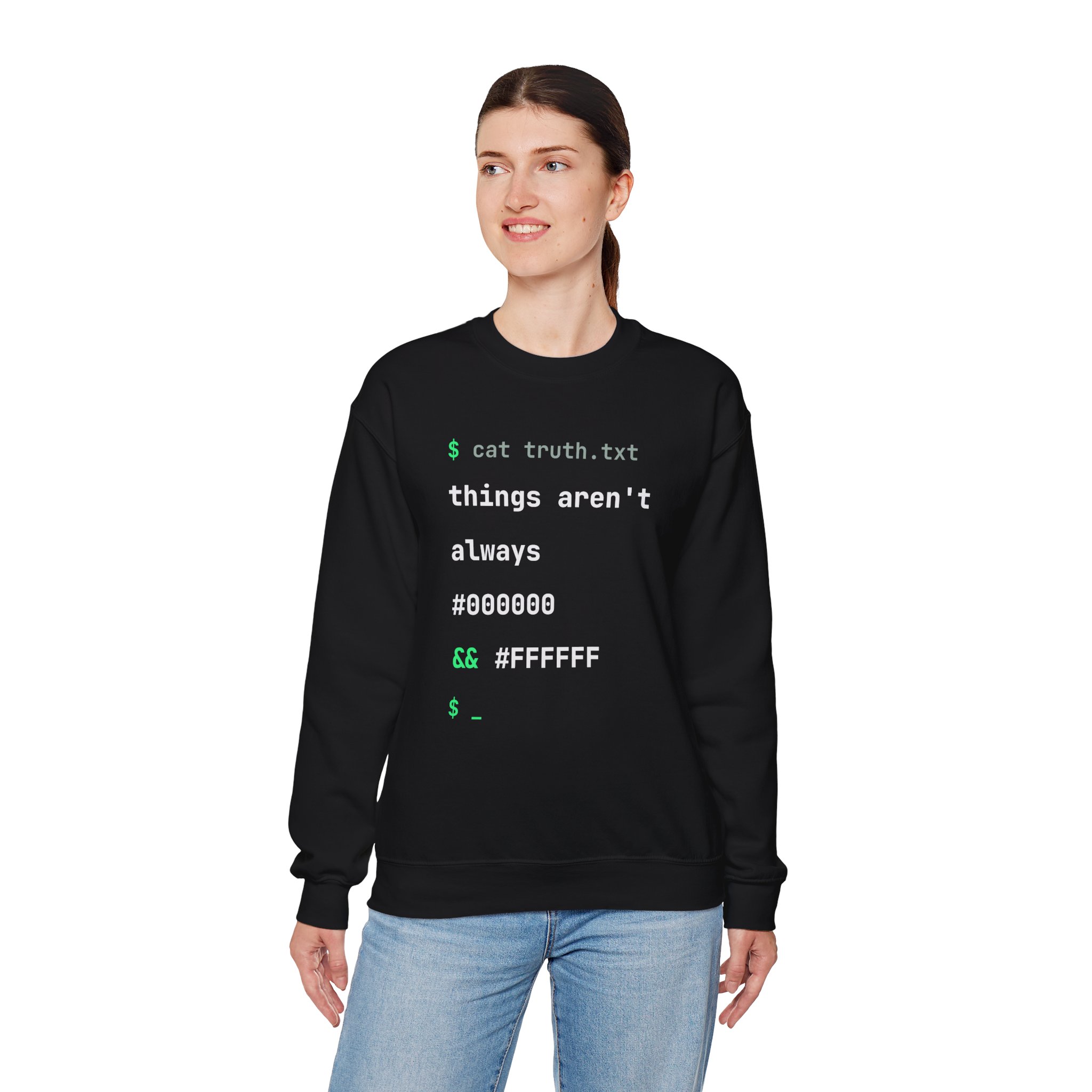 cat truth.txt crewneck sweatshirt in Black, worn by a model, fourth view
