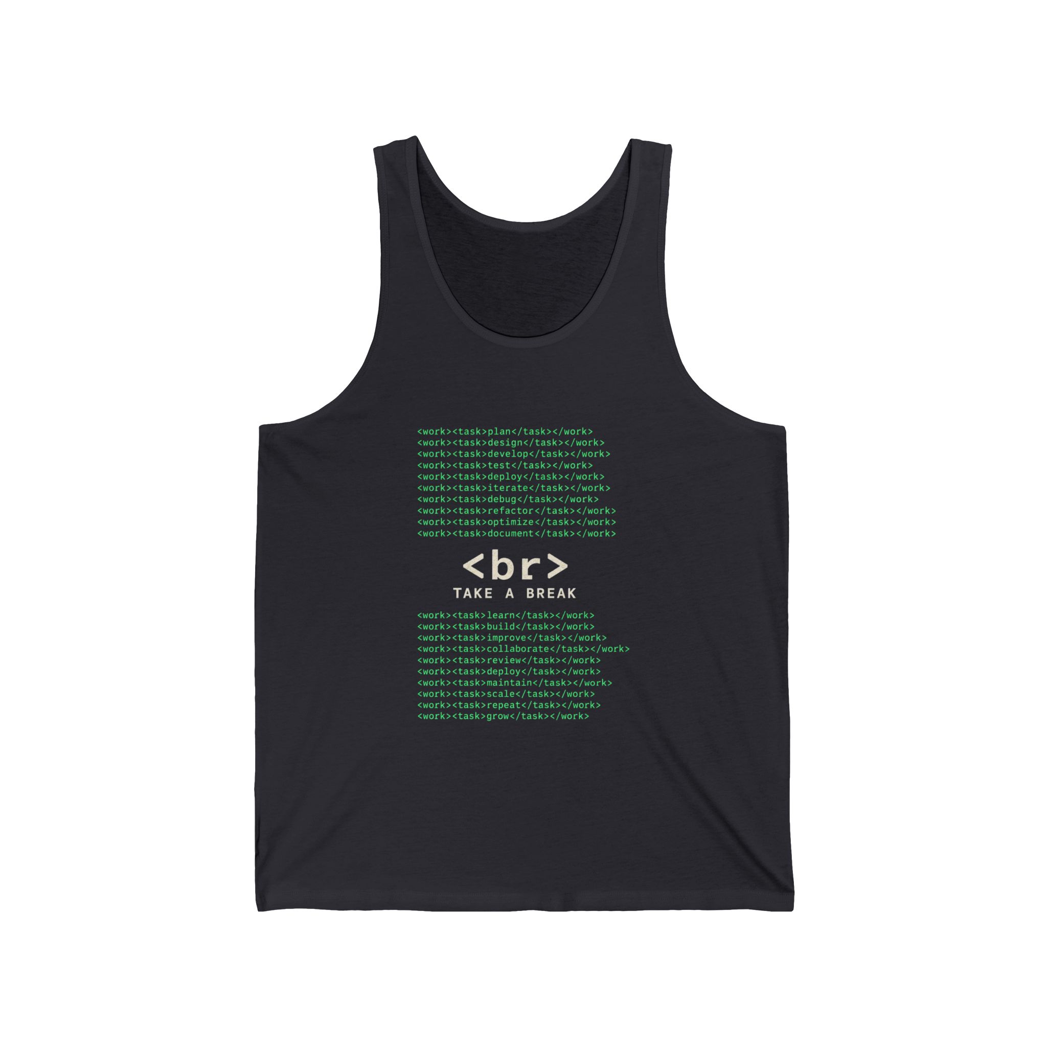 Work Work Break unisex tank in Dark Grey, front view