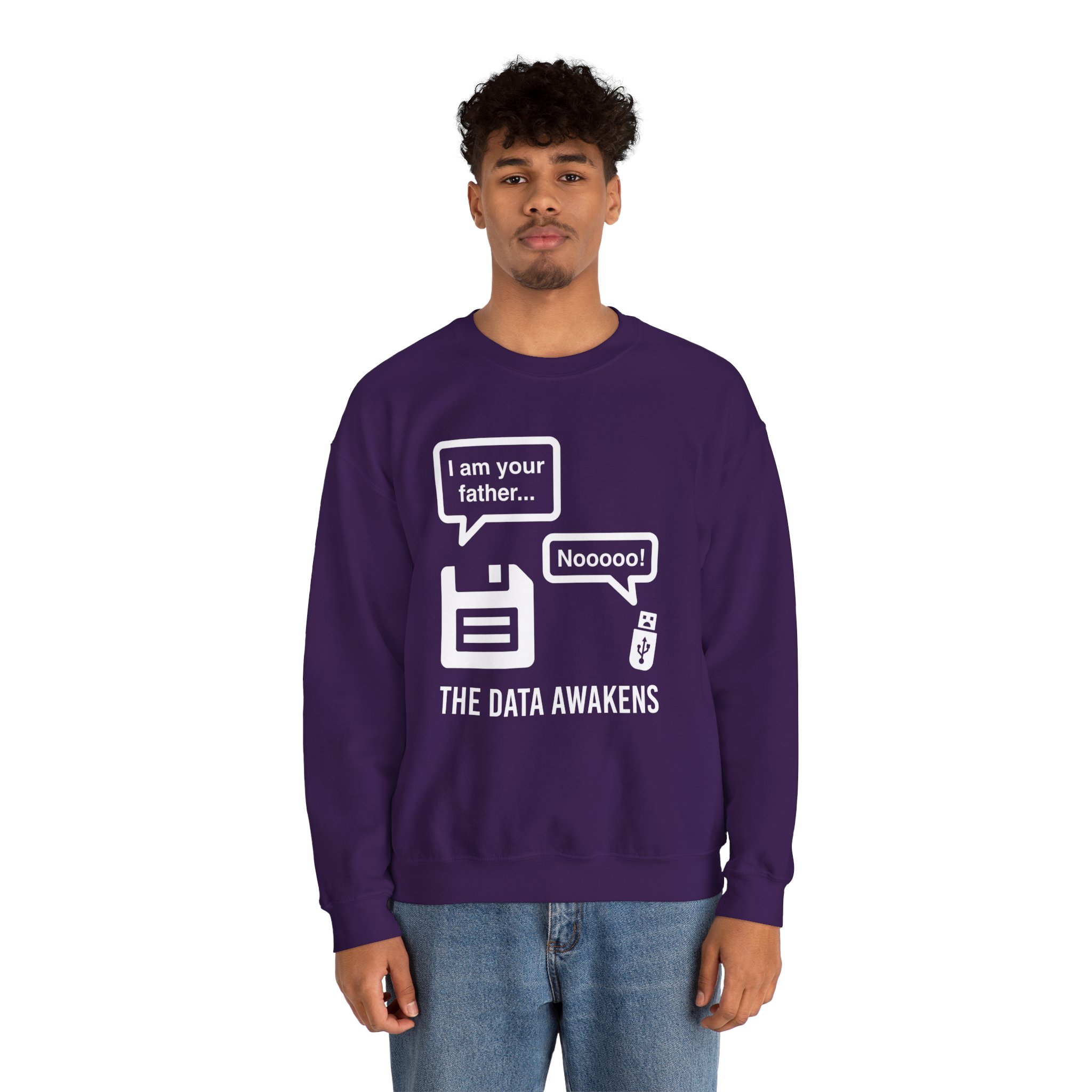 The Data Awakens crewneck sweatshirt in Purple, worn by a model, second view