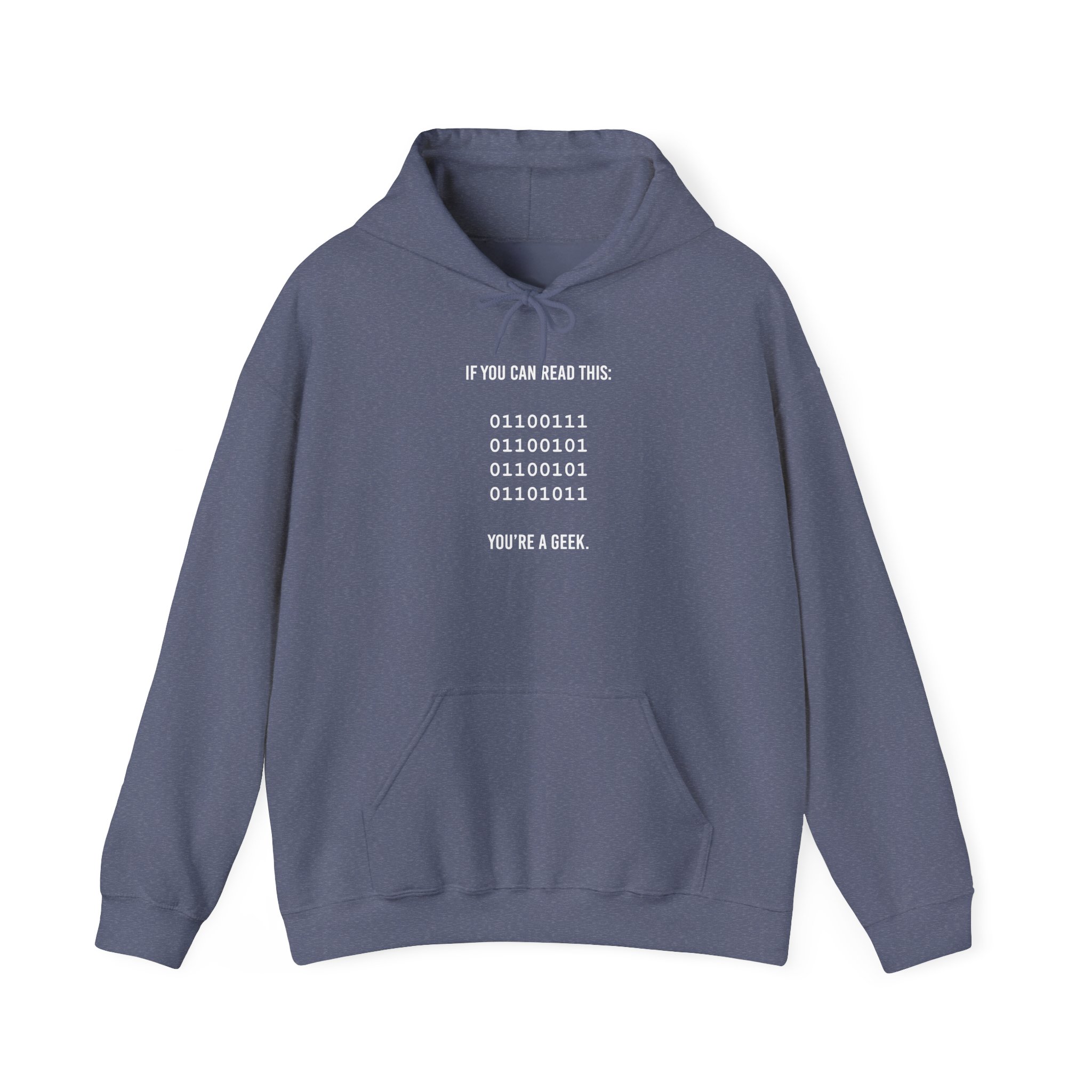 Geek Binary Code hoodie in Heather Navy, front view