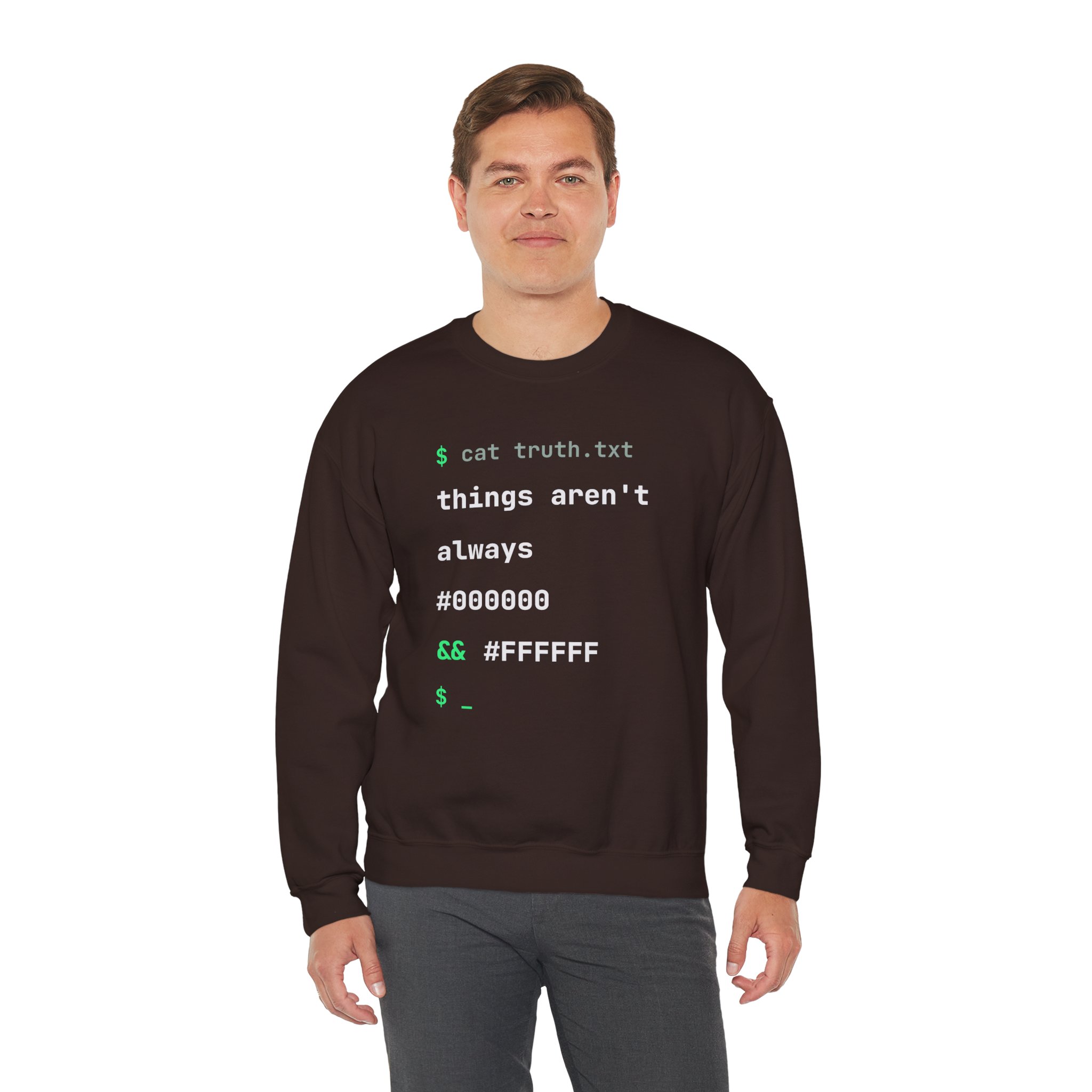 cat truth.txt crewneck sweatshirt in Dark Chocolate, worn by a model, third view