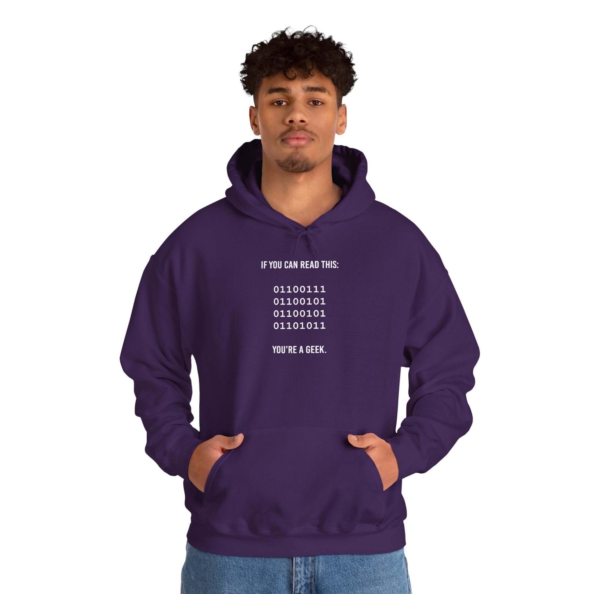 Geek Binary Code hoodie in Purple, worn by a model, second view