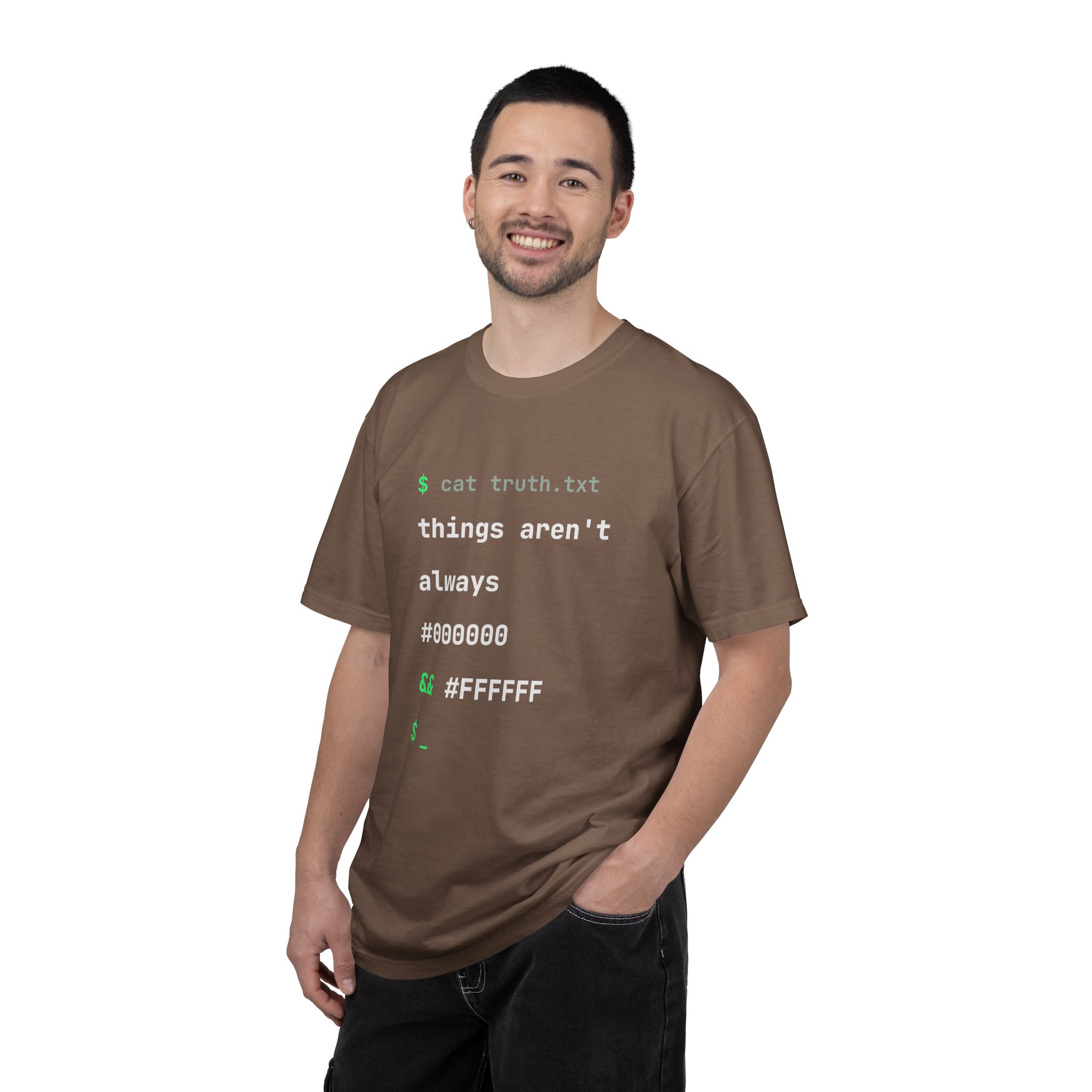 cat truth.txt T-shirt in Espresso, worn by a man