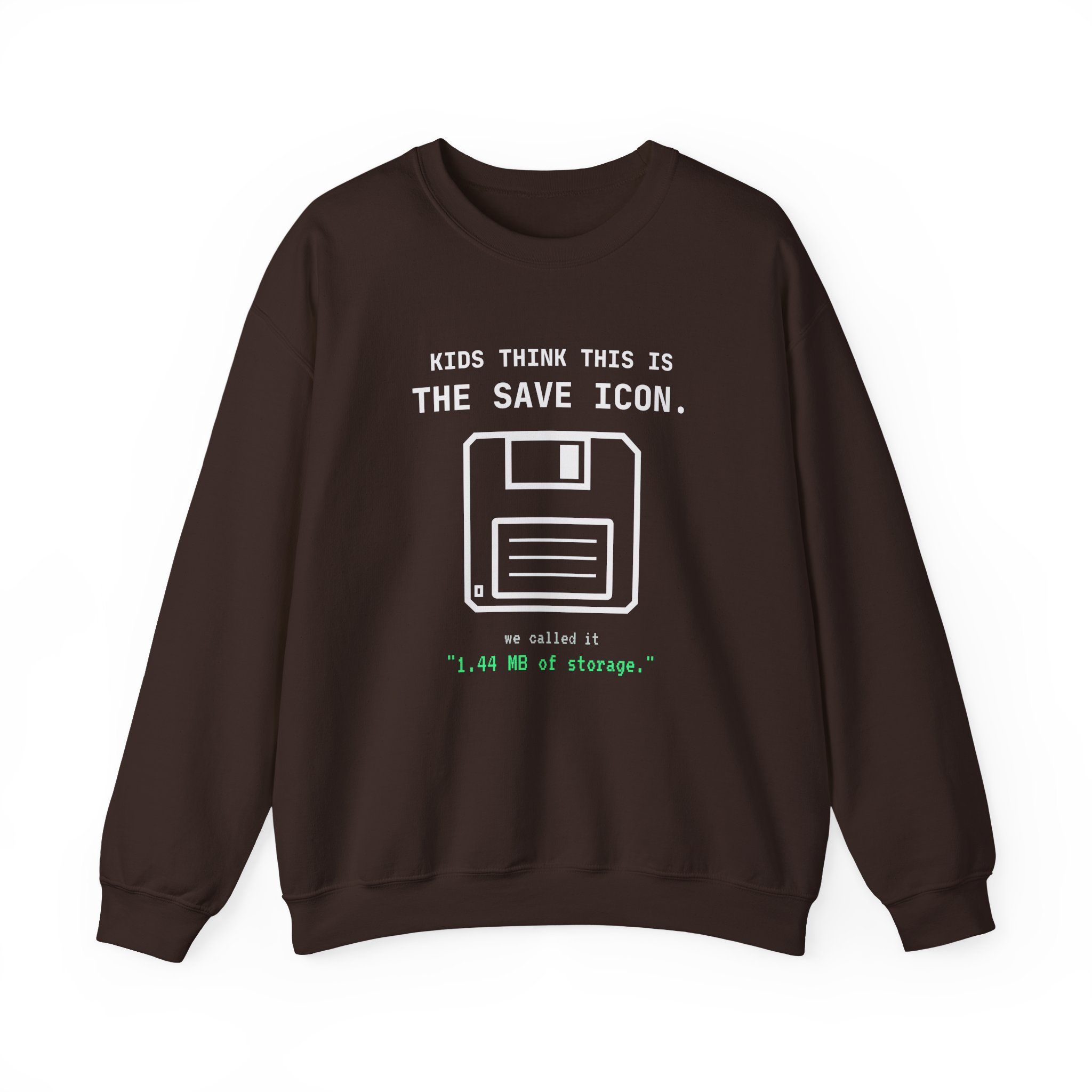 The Original Save Icon crewneck sweatshirt in Dark Chocolate, front view