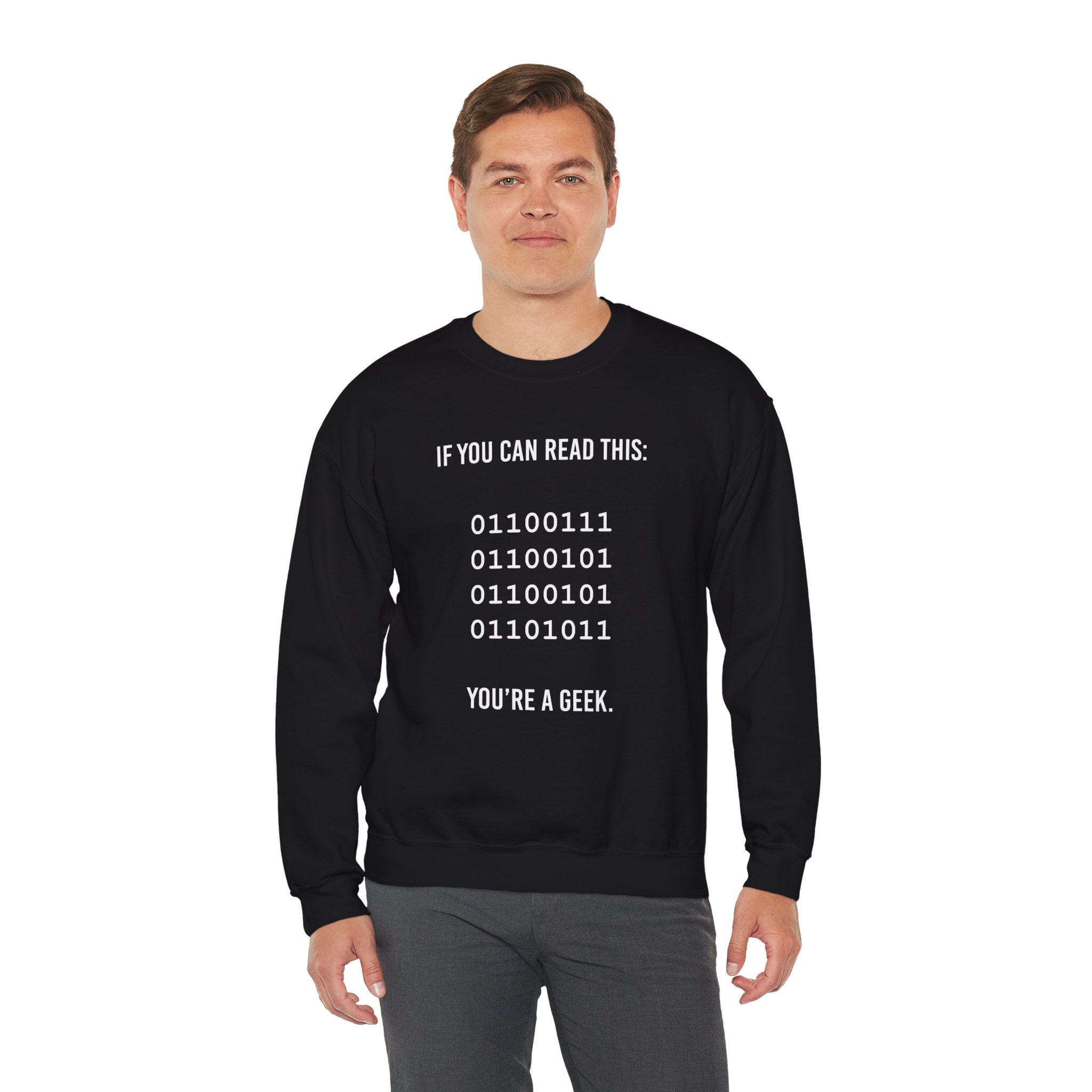 Geek Binary Code crewneck sweatshirt in Black, worn by a model, third view