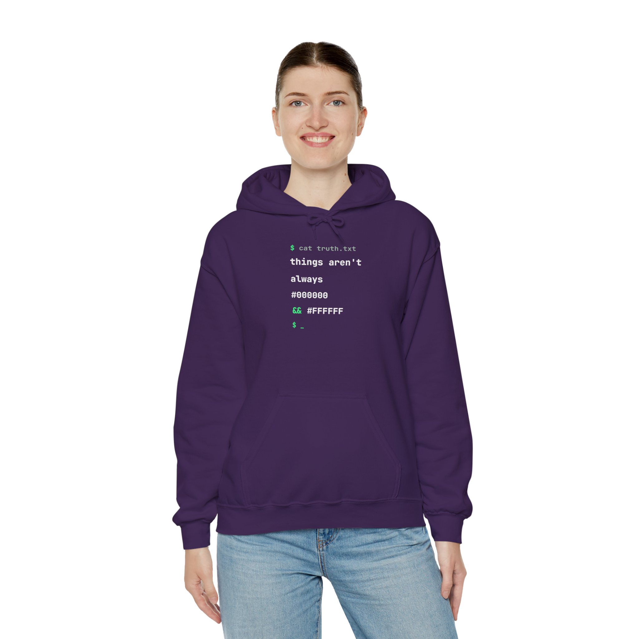 cat truth.txt hoodie in Purple, worn by a model, third view