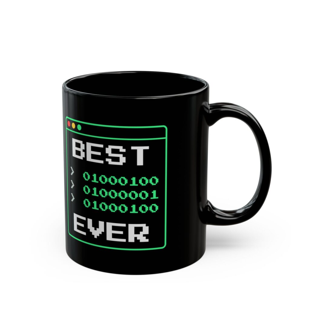 Best Dad Ever Mug — Binary "D-A-D" Funny Programmer Dad Black Coffee Mug