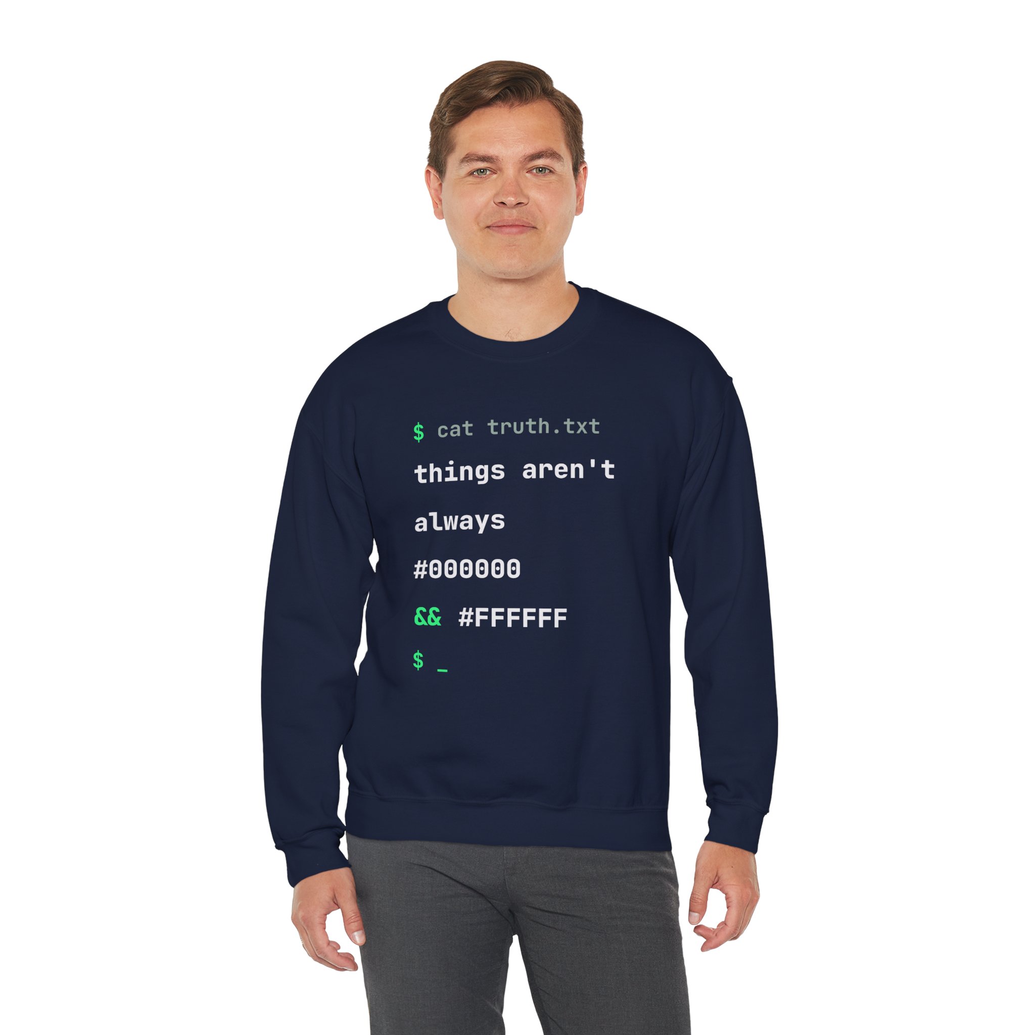 cat truth.txt crewneck sweatshirt in Navy, worn by a model, third view