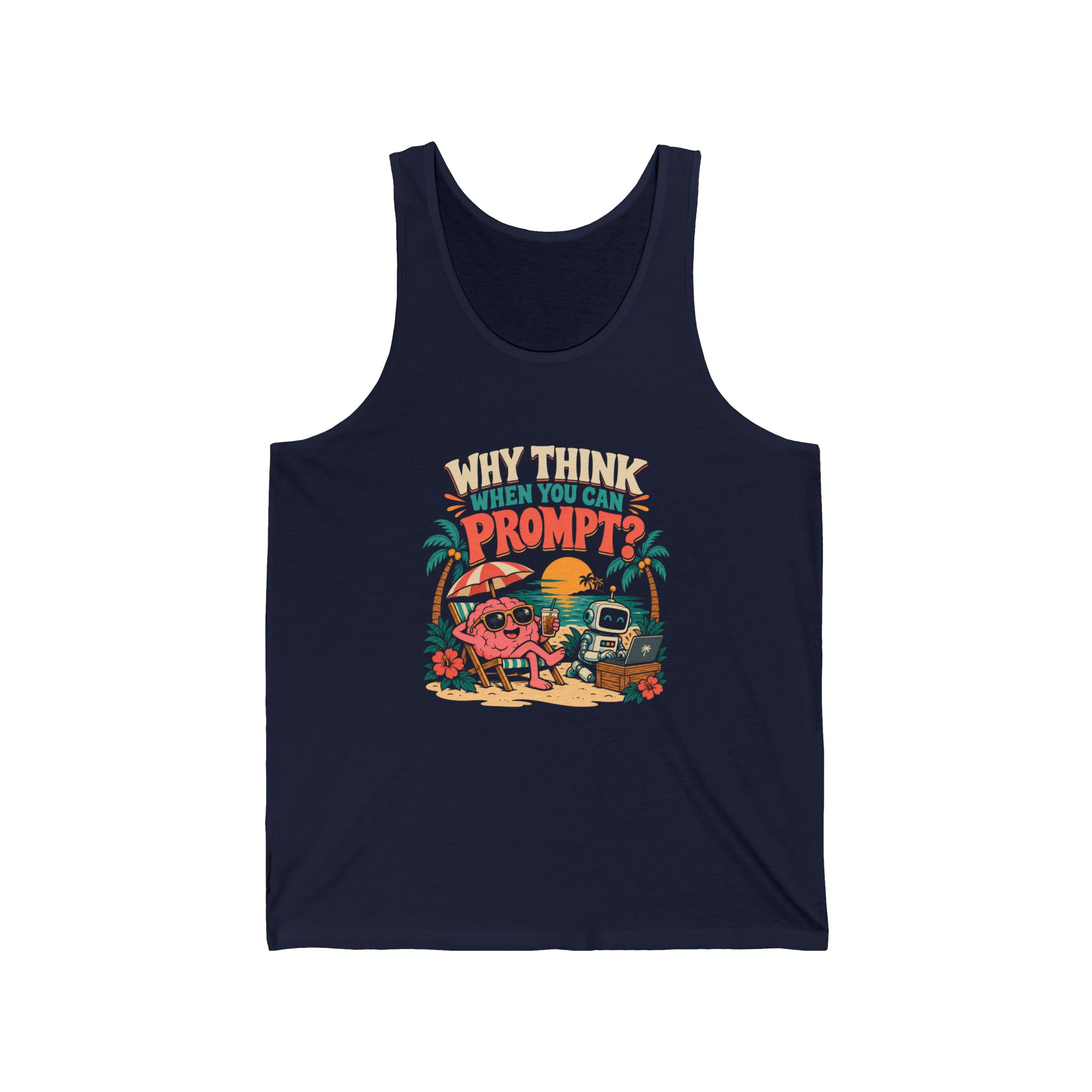 Prompt Beach Brain unisex tank in Navy, front view