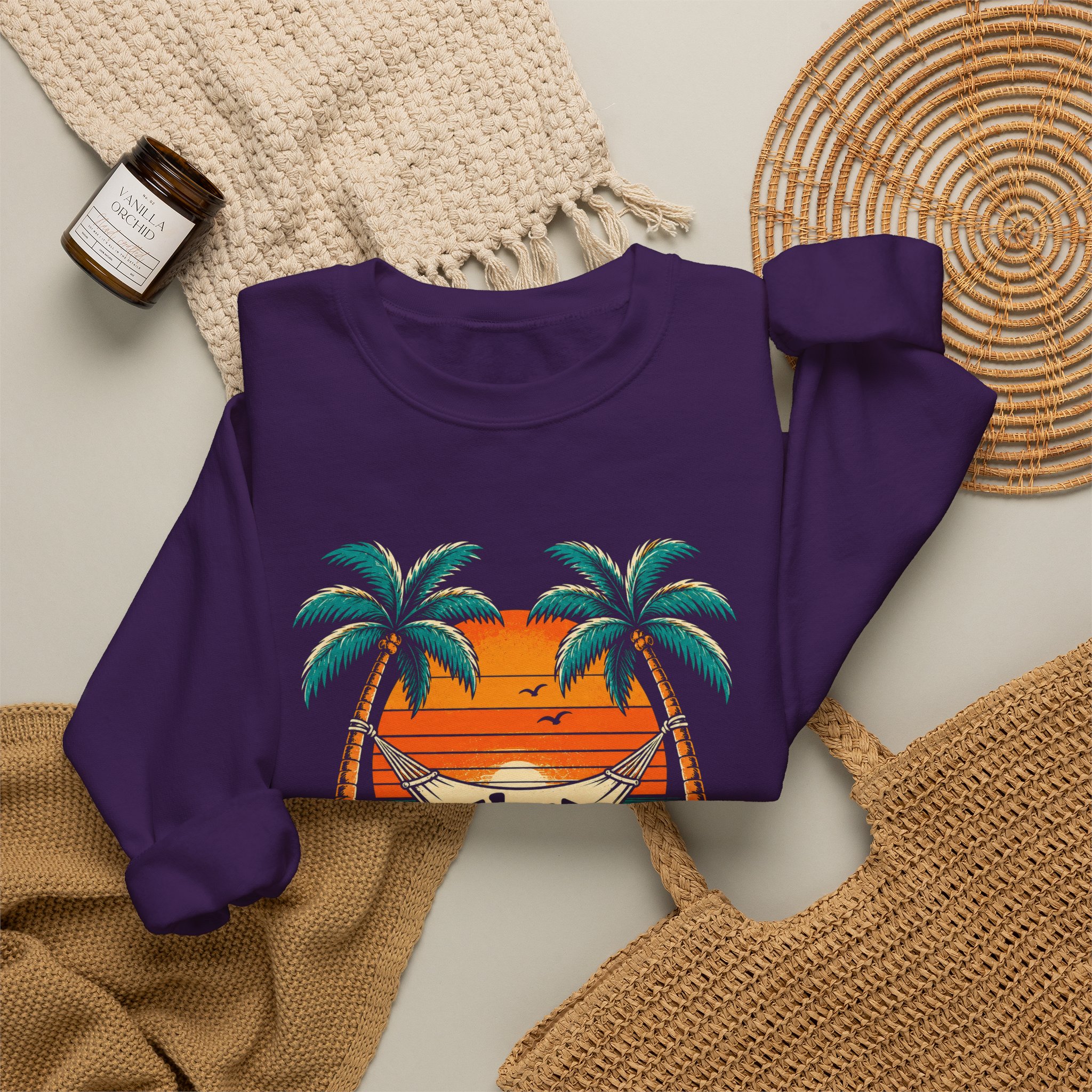 Take a Break Hammock crewneck sweatshirt in Purple, folded 2