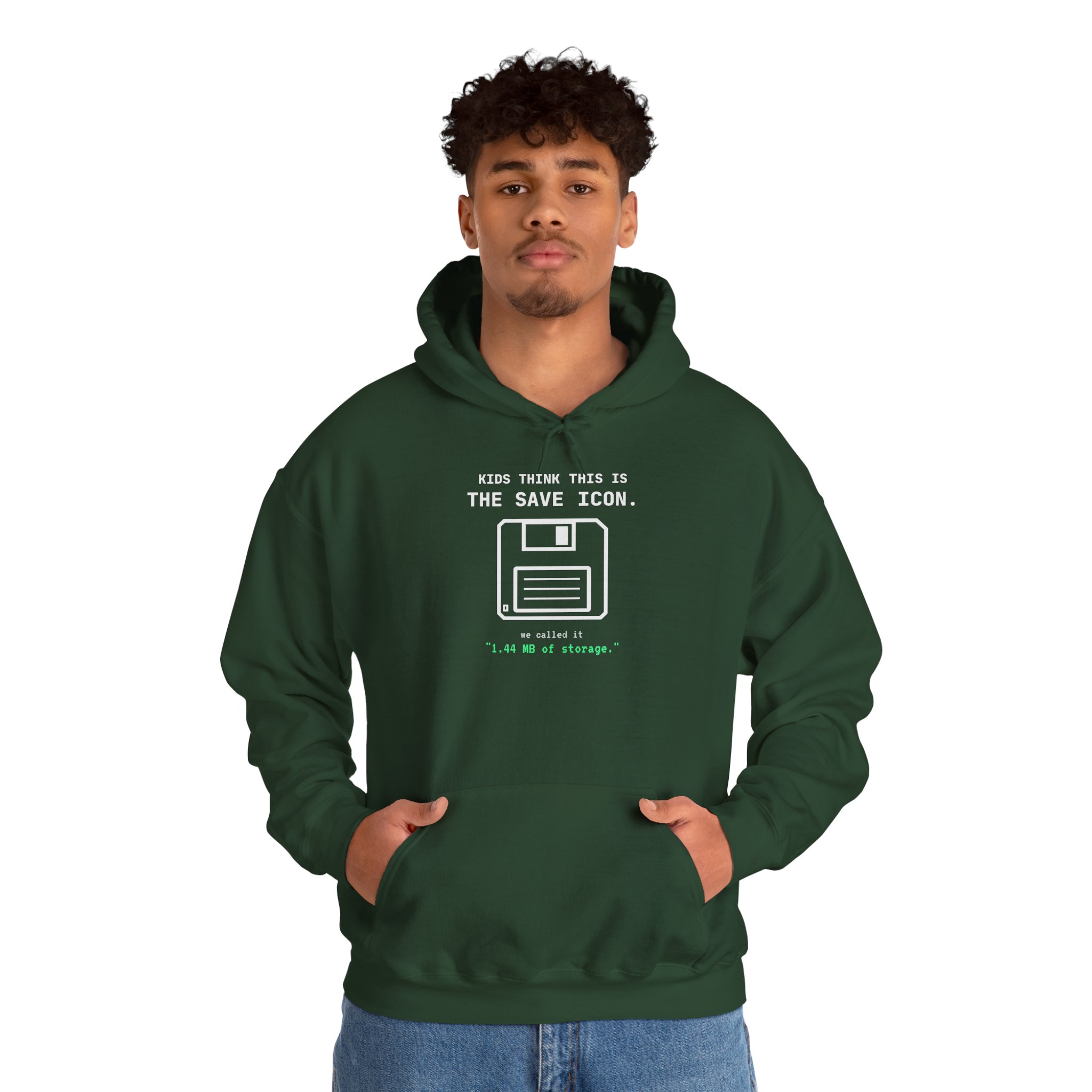 The Original Save Icon hoodie in Forest Green, worn by a model, second view
