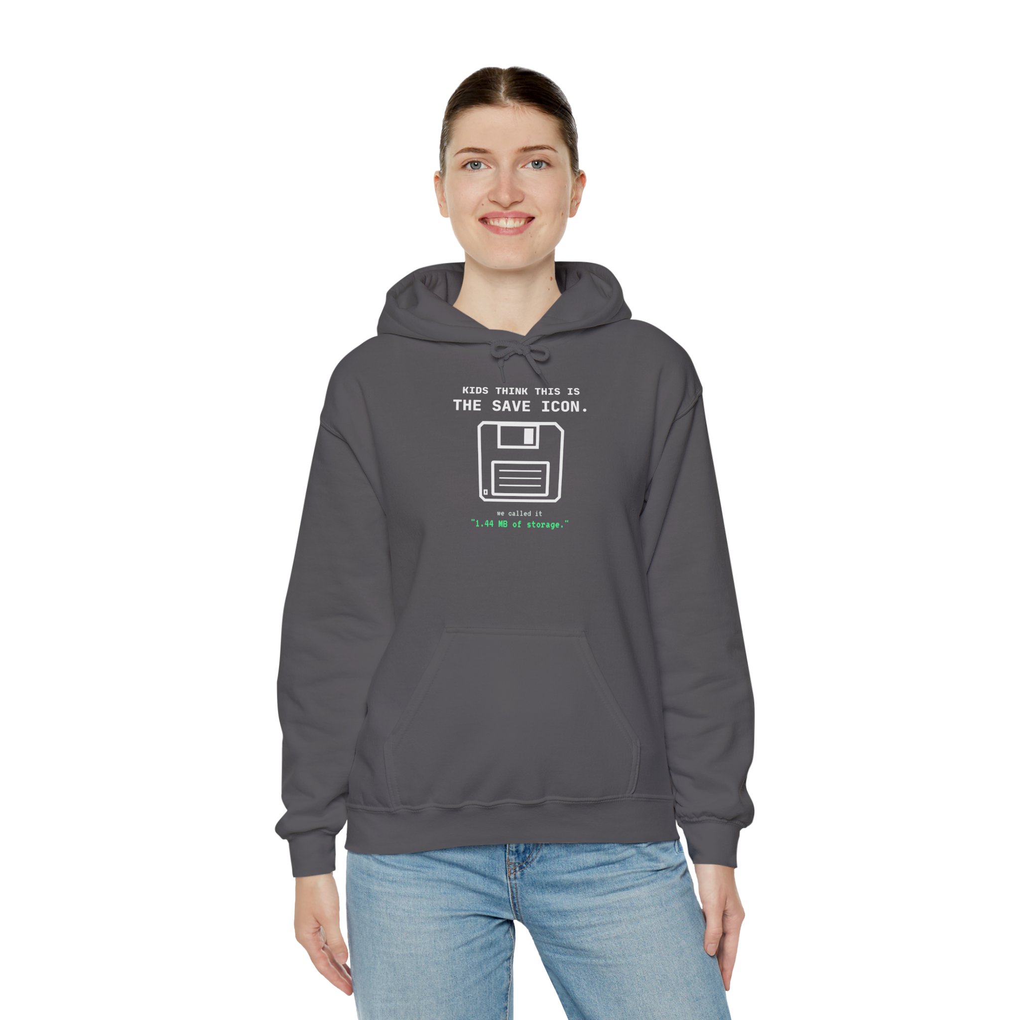 The Original Save Icon hoodie in Charcoal, worn by a model, third view