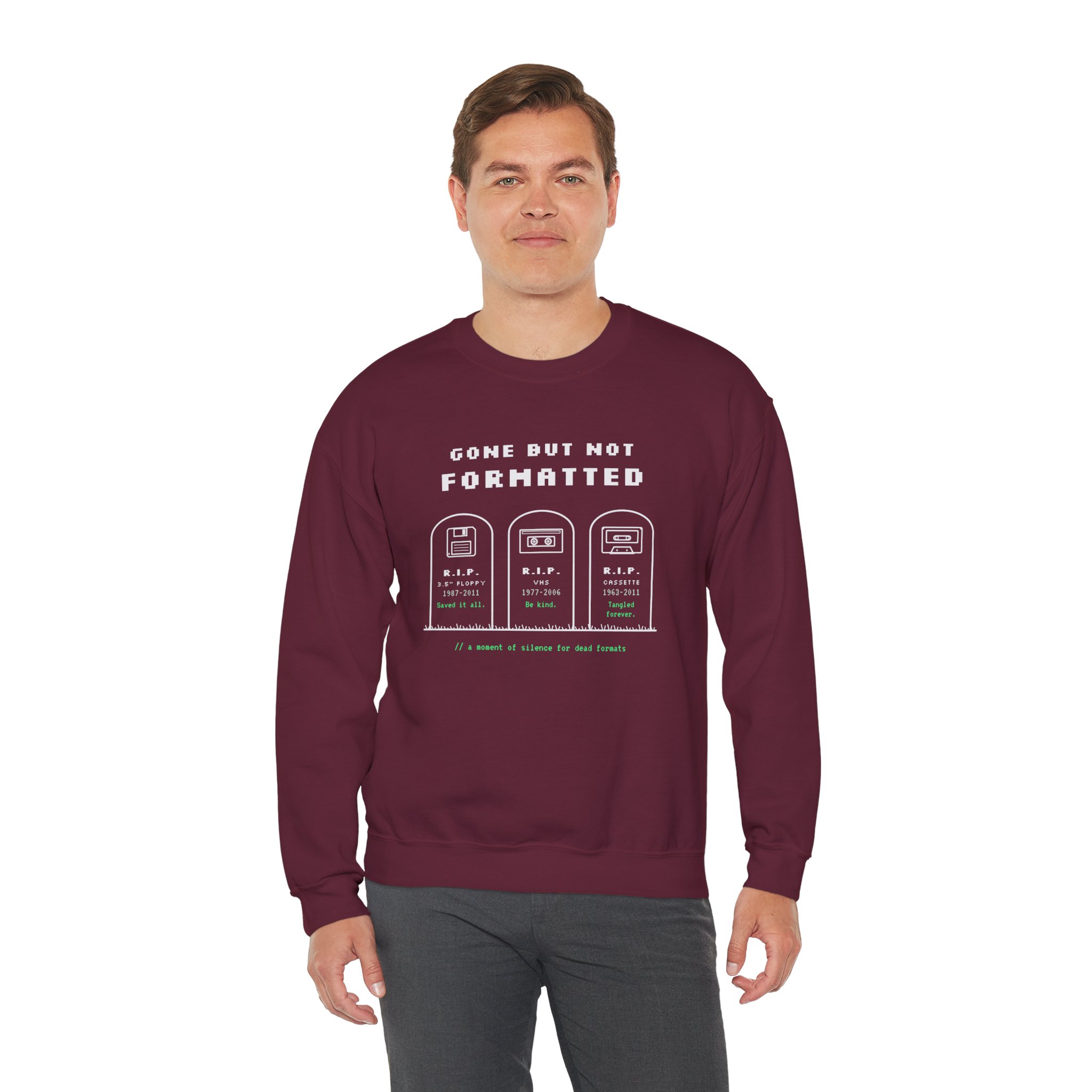 Gone But Not Formatted crewneck sweatshirt in Maroon, worn by a model, third view
