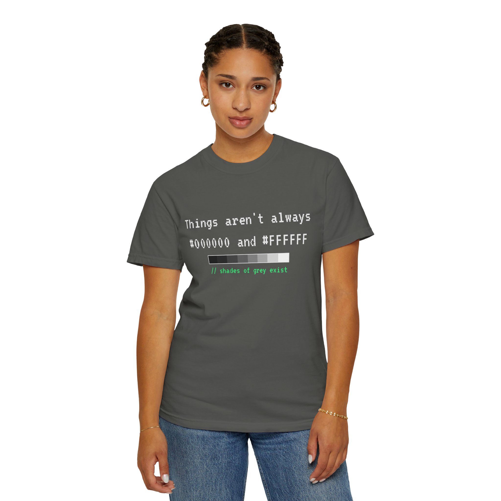 Shades of Grey Exist T-shirt in Pepper, worn by a woman, second model