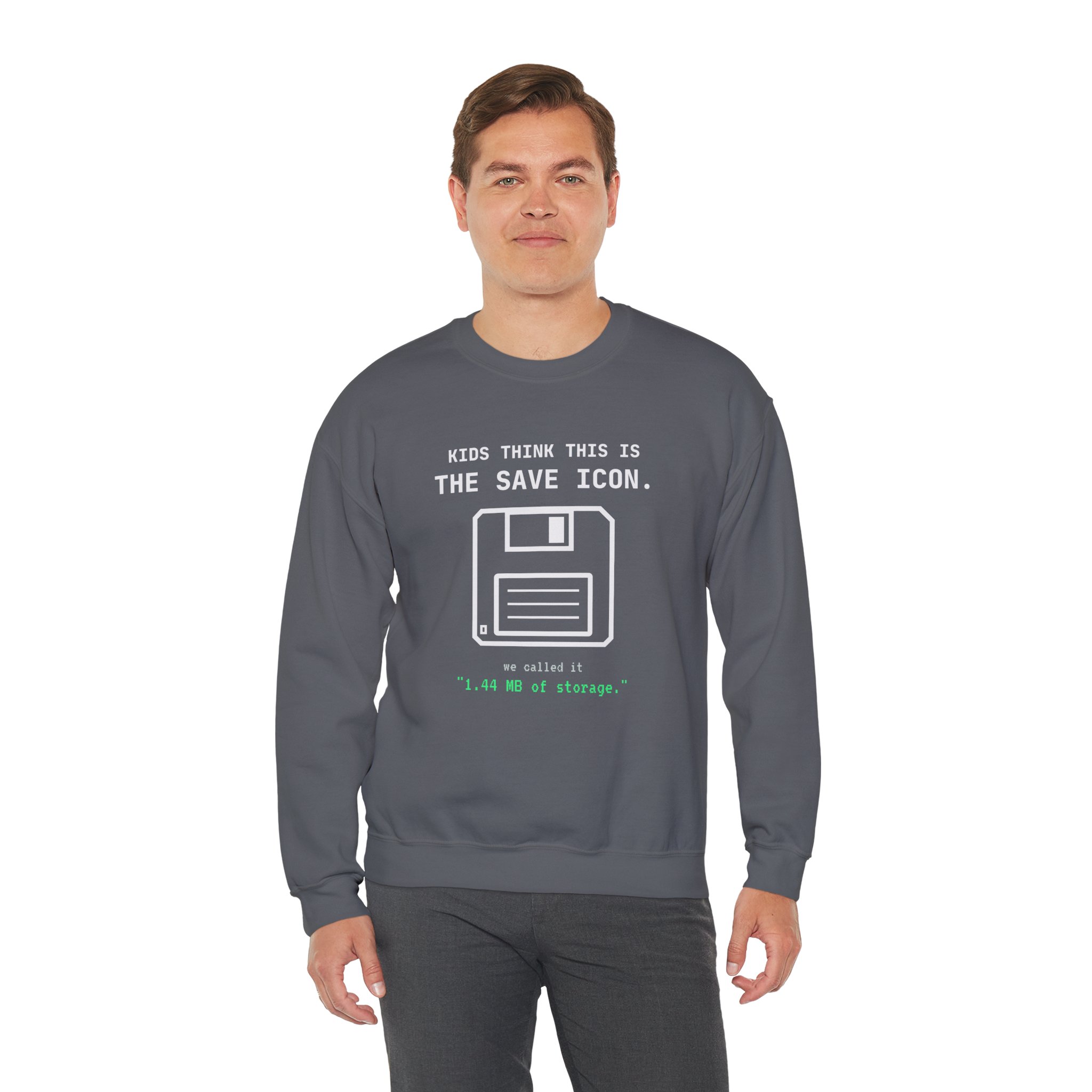 The Original Save Icon crewneck sweatshirt in Charcoal, worn by a model, third view