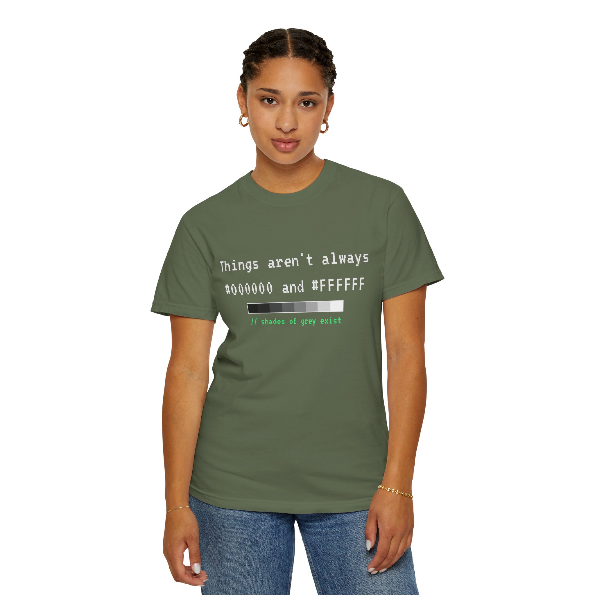 Shades of Grey Exist T-shirt in Sage, worn by a woman, second model