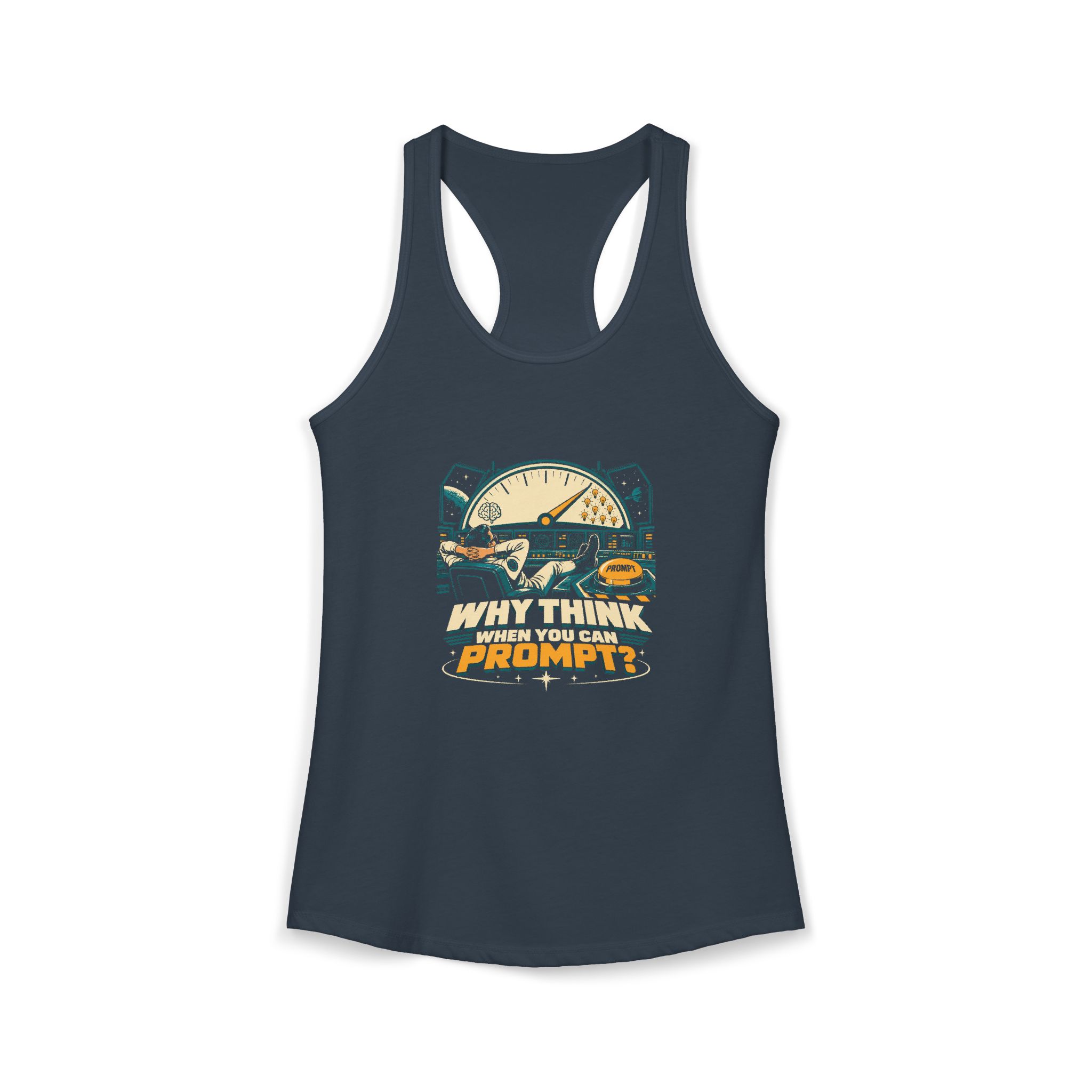 Prompt Mission Control women's racerback tank in Solid Indigo, front 2
