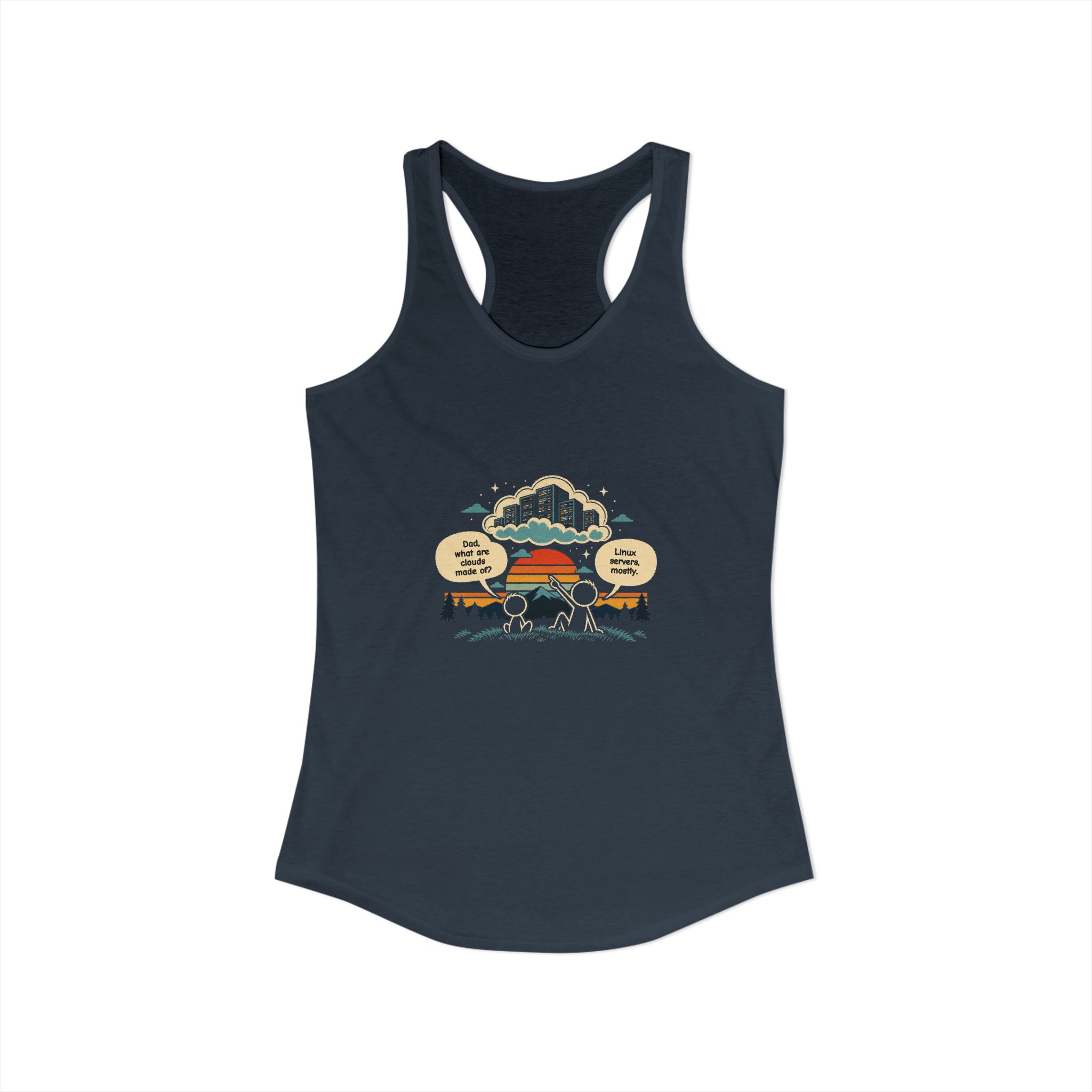 Linux Clouds women's racerback tank in Solid Indigo, front view