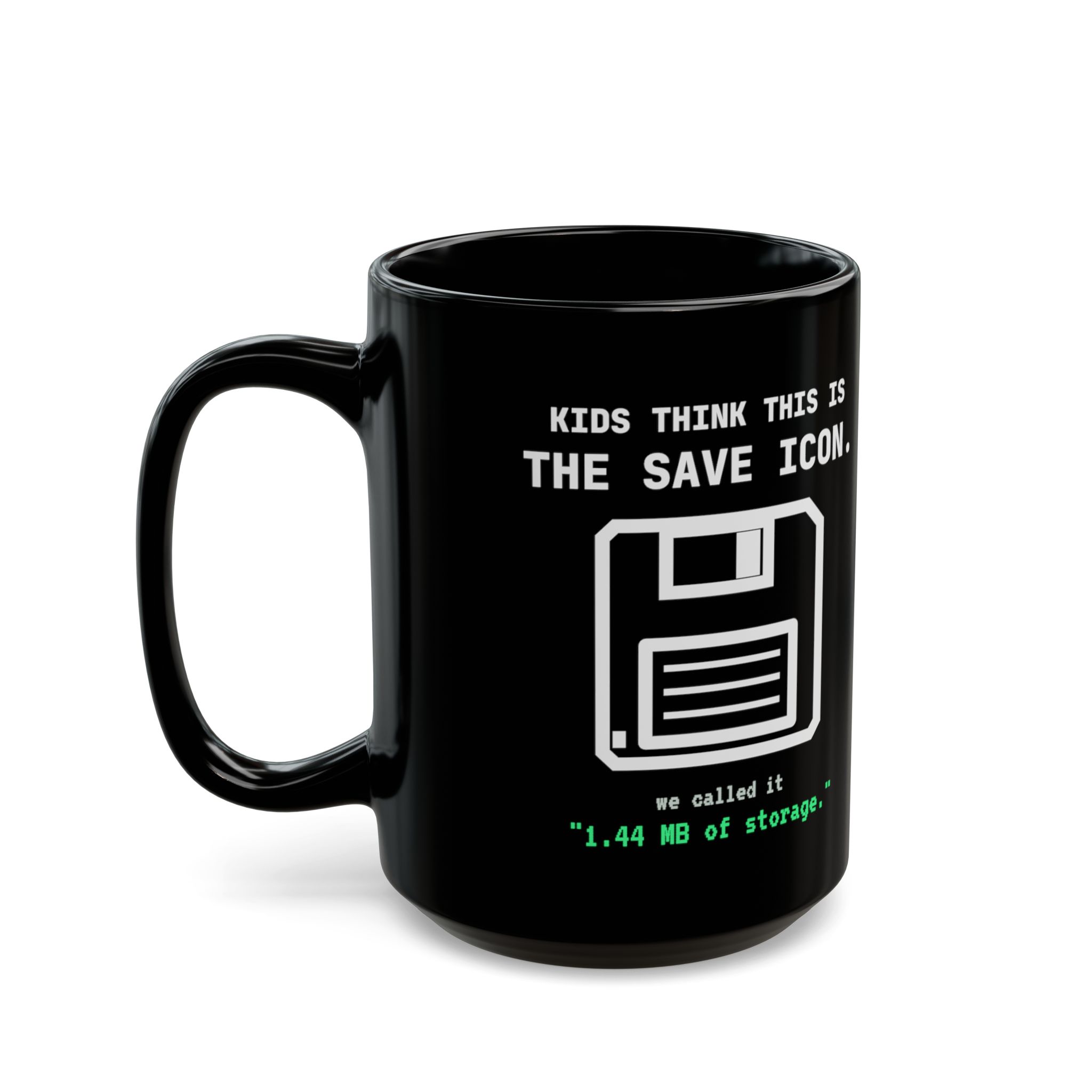The Original Save Icon black mug, 15 oz, left side