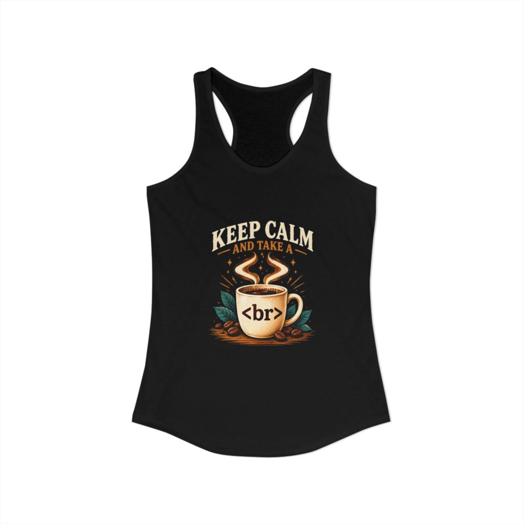 Keep Calm Coffee Break women's racerback tank in Solid Black, front view