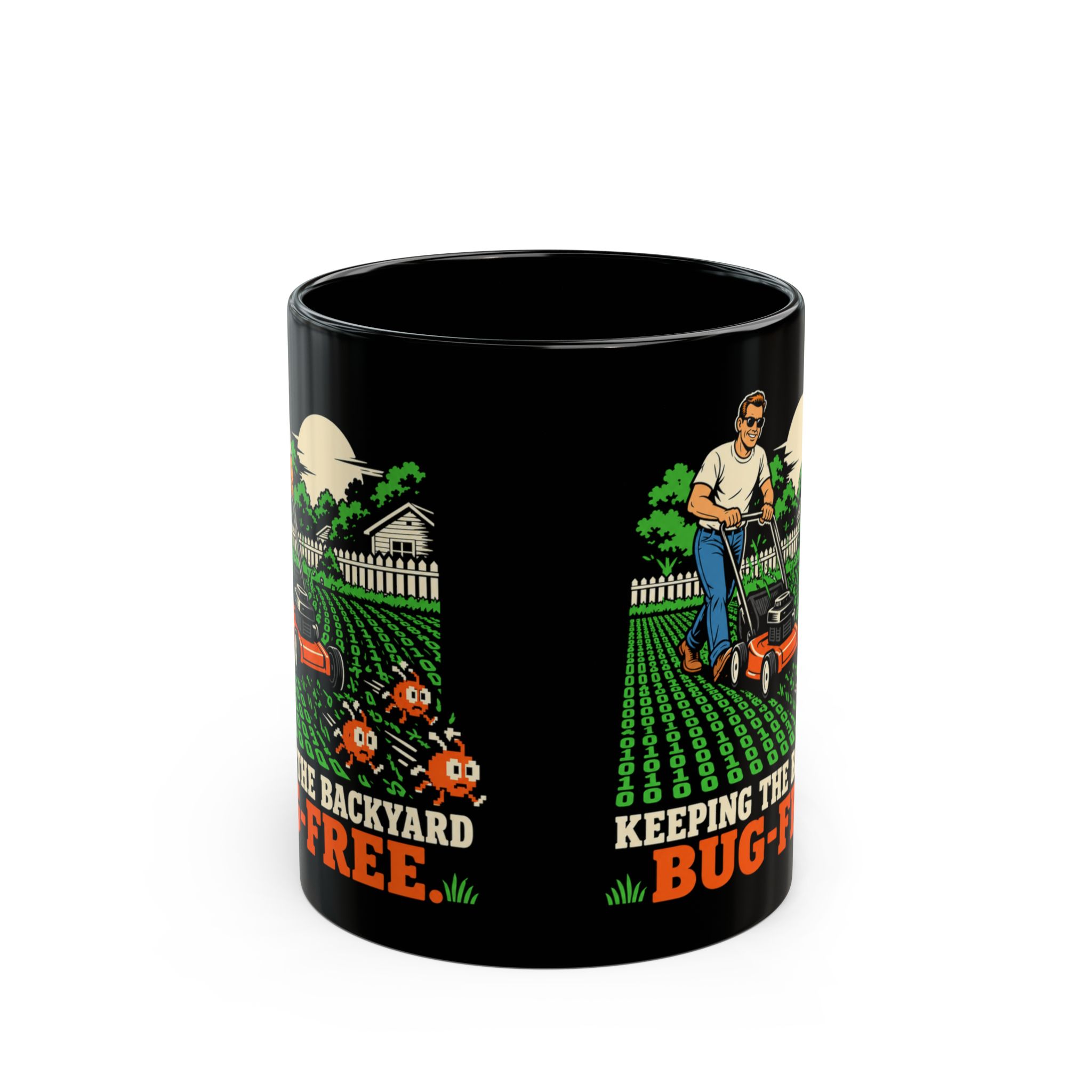 Bug-Free Backyard black mug, 11 oz, front view