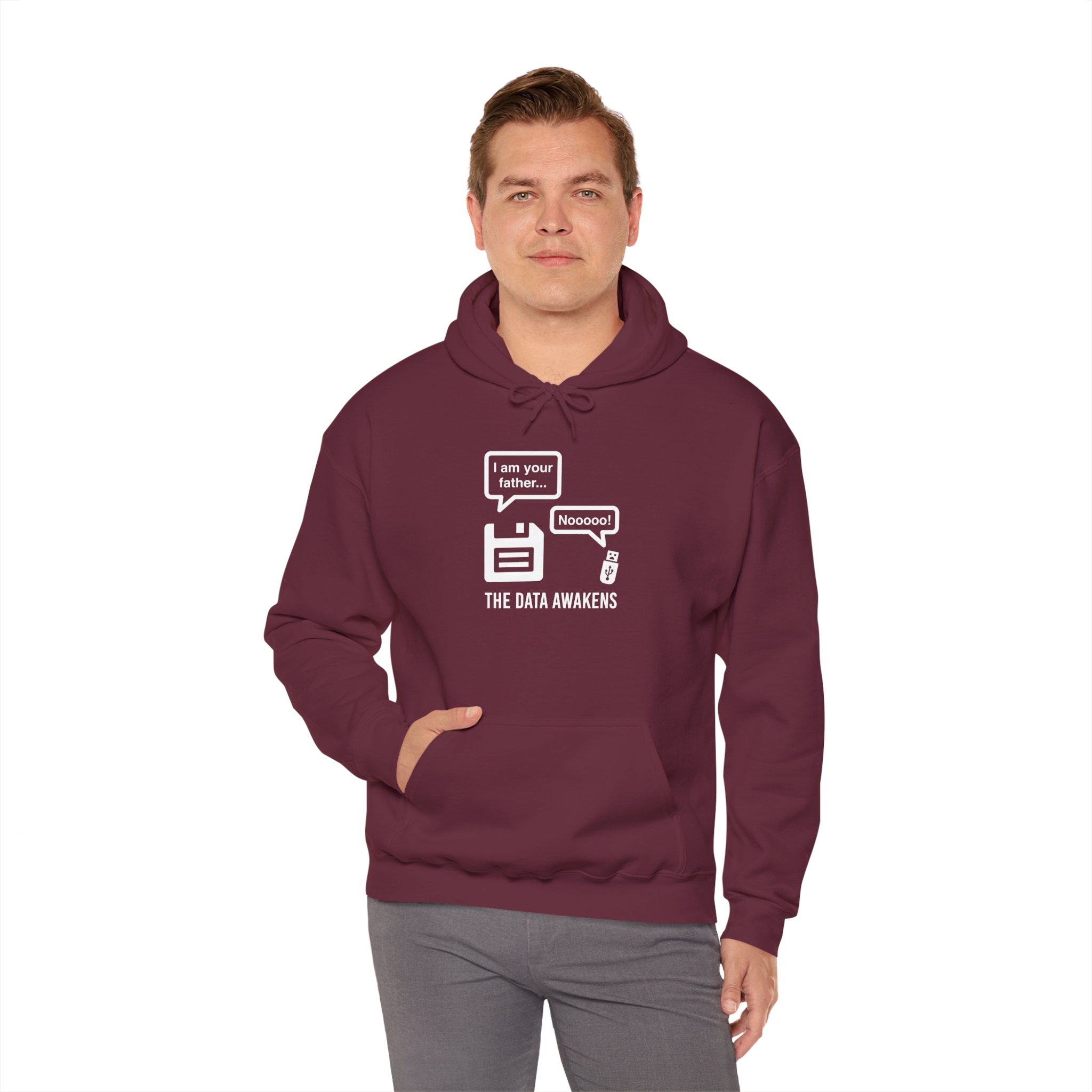 The Data Awakens hoodie in Maroon, worn by a model, fourth view