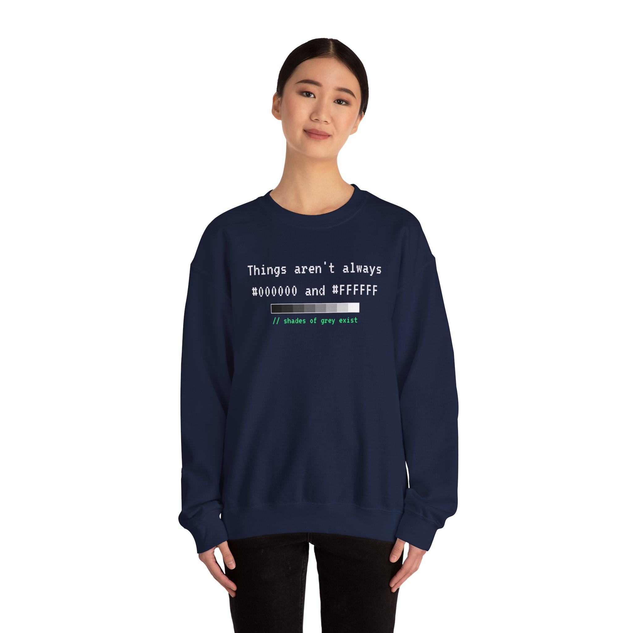 Shades of Grey Exist crewneck sweatshirt in Navy, worn by a model