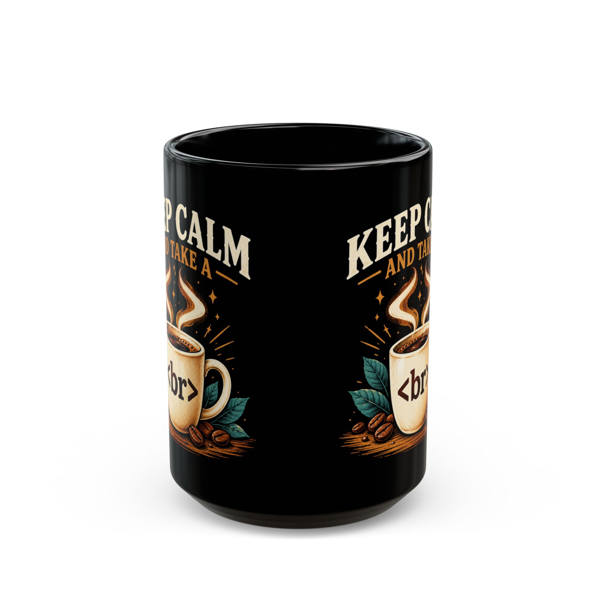 Keep Calm Coffee Break black mug, 15 oz, front view