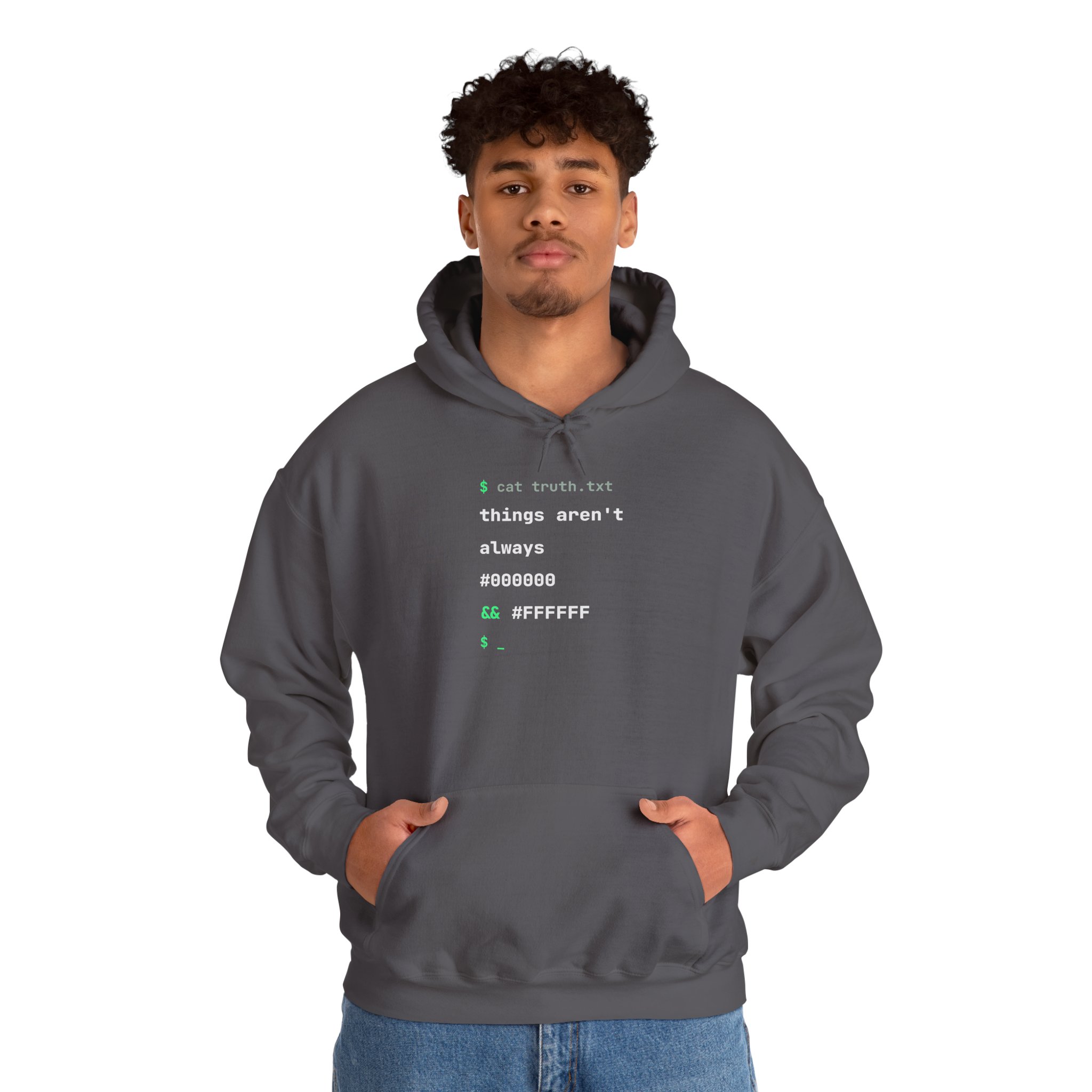 cat truth.txt hoodie in Charcoal, worn by a model, second view