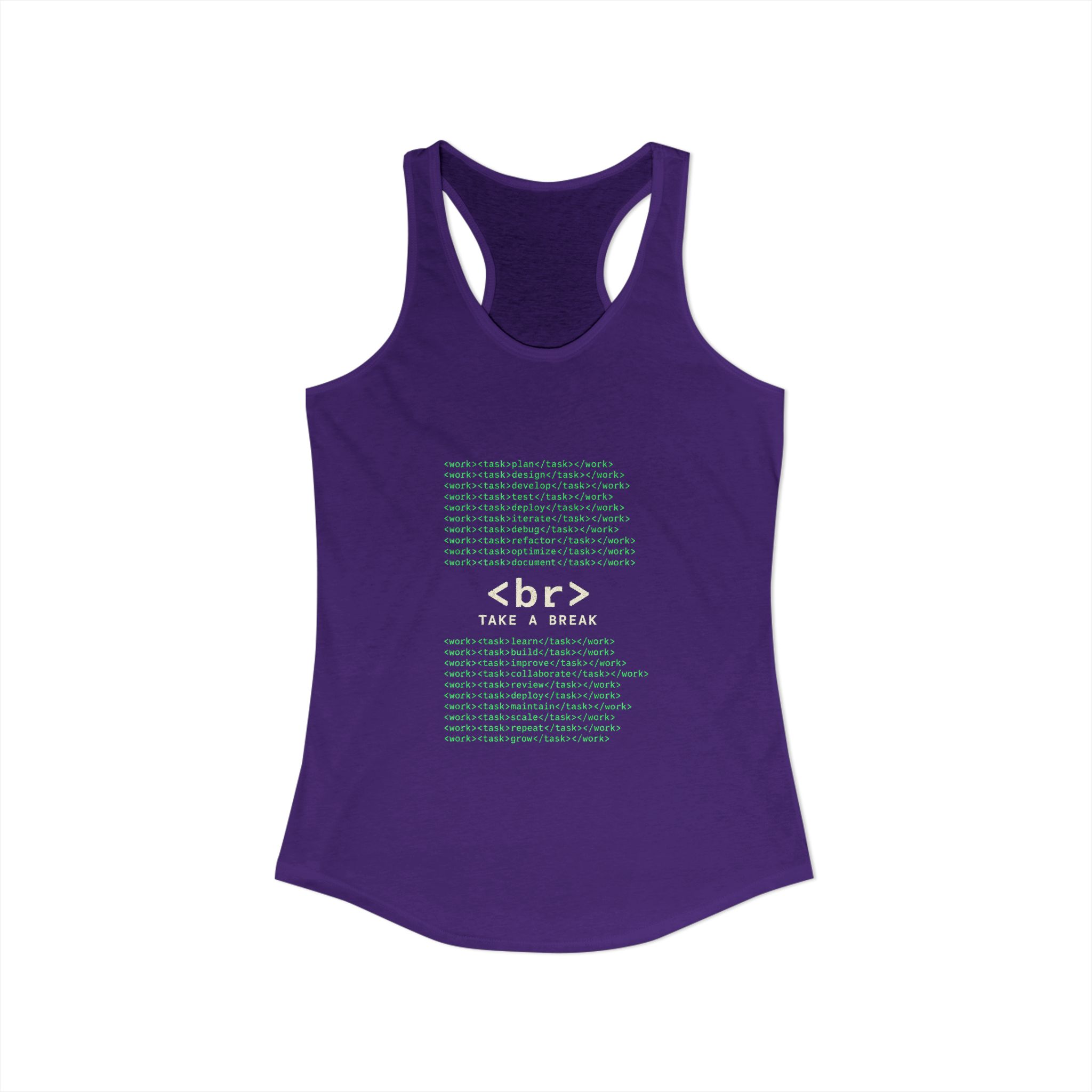 Work Work Break women's racerback tank in Solid Purple Rush, front view