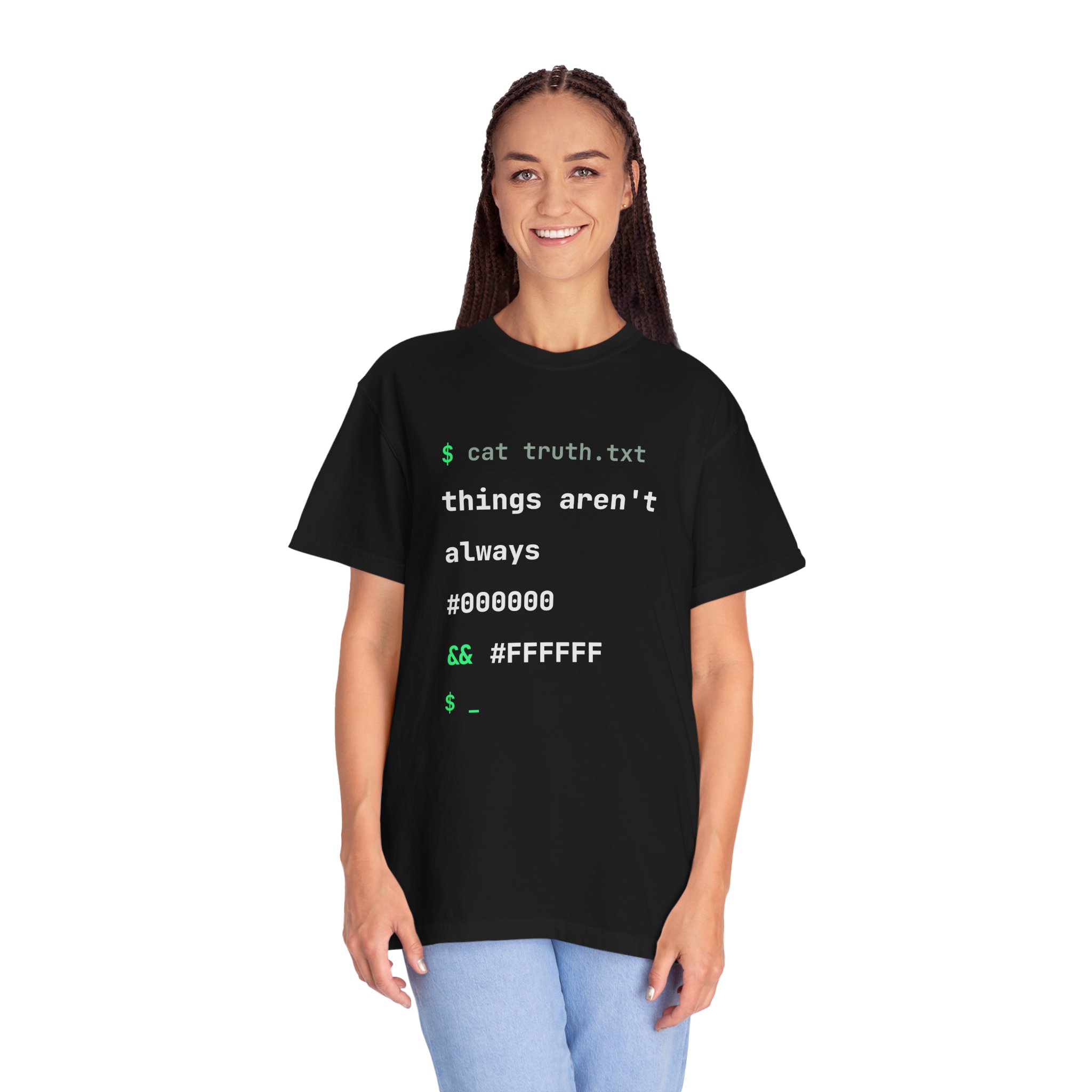 cat truth.txt T-shirt in Black, worn by a woman