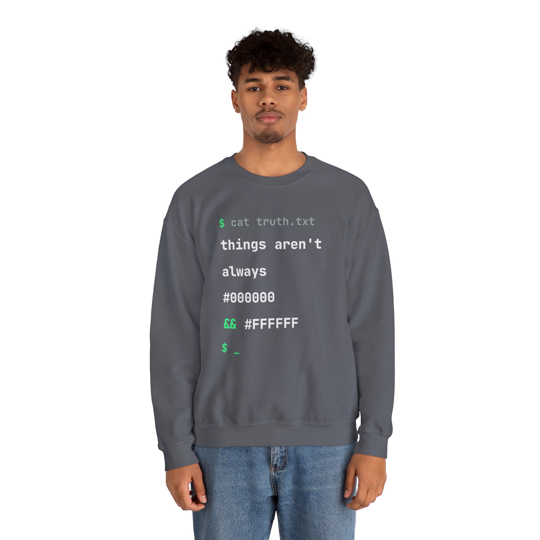 cat truth.txt crewneck sweatshirt in Charcoal, worn by a model, second view
