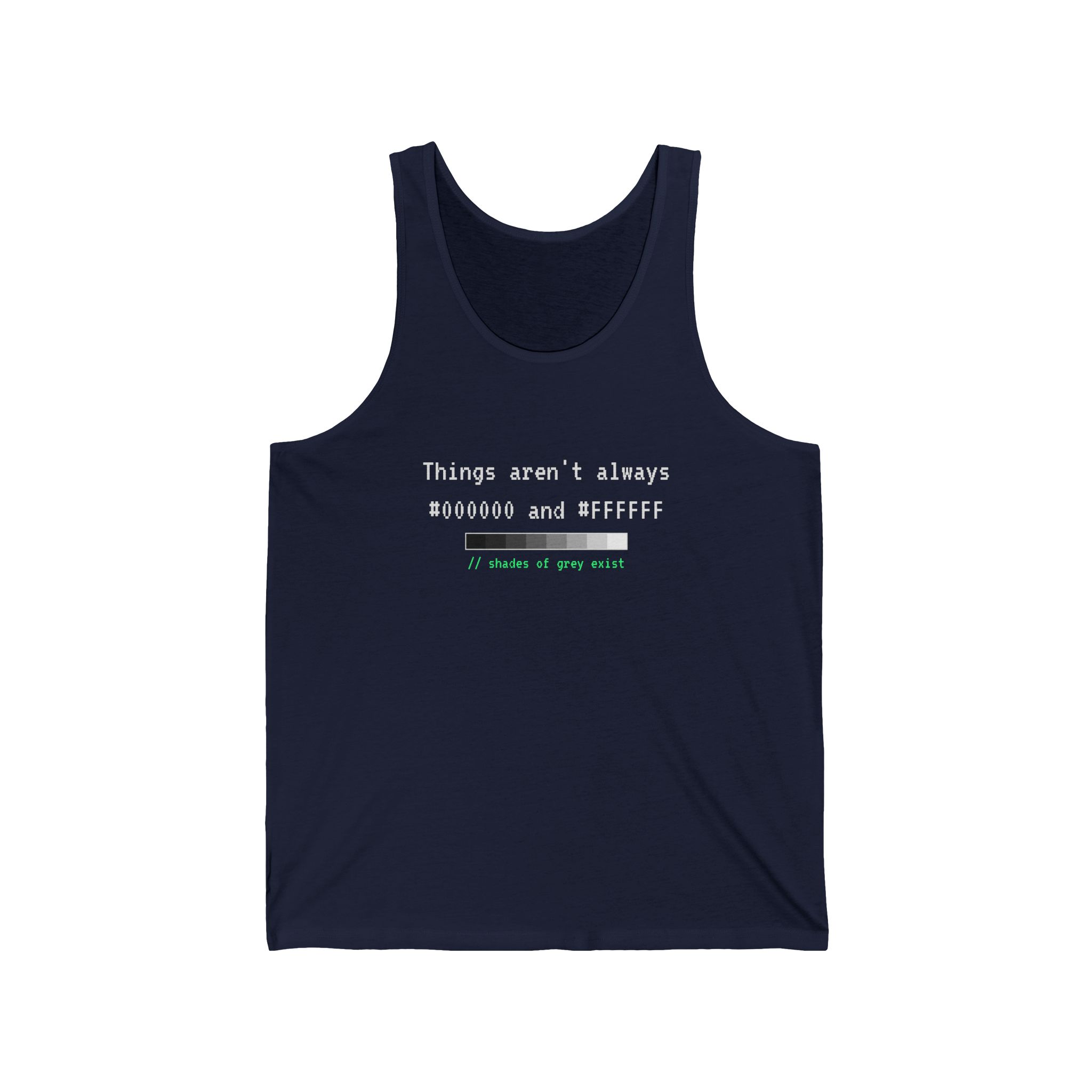 Shades of Grey Exist unisex tank in Navy, front view