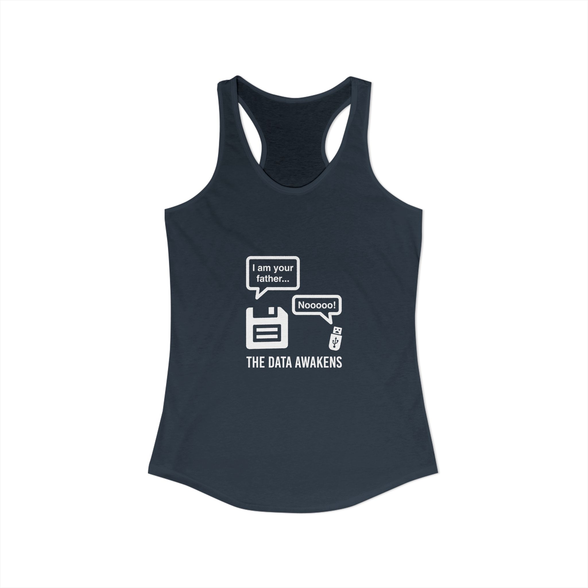 The Data Awakens women's racerback tank in Solid Indigo, front view
