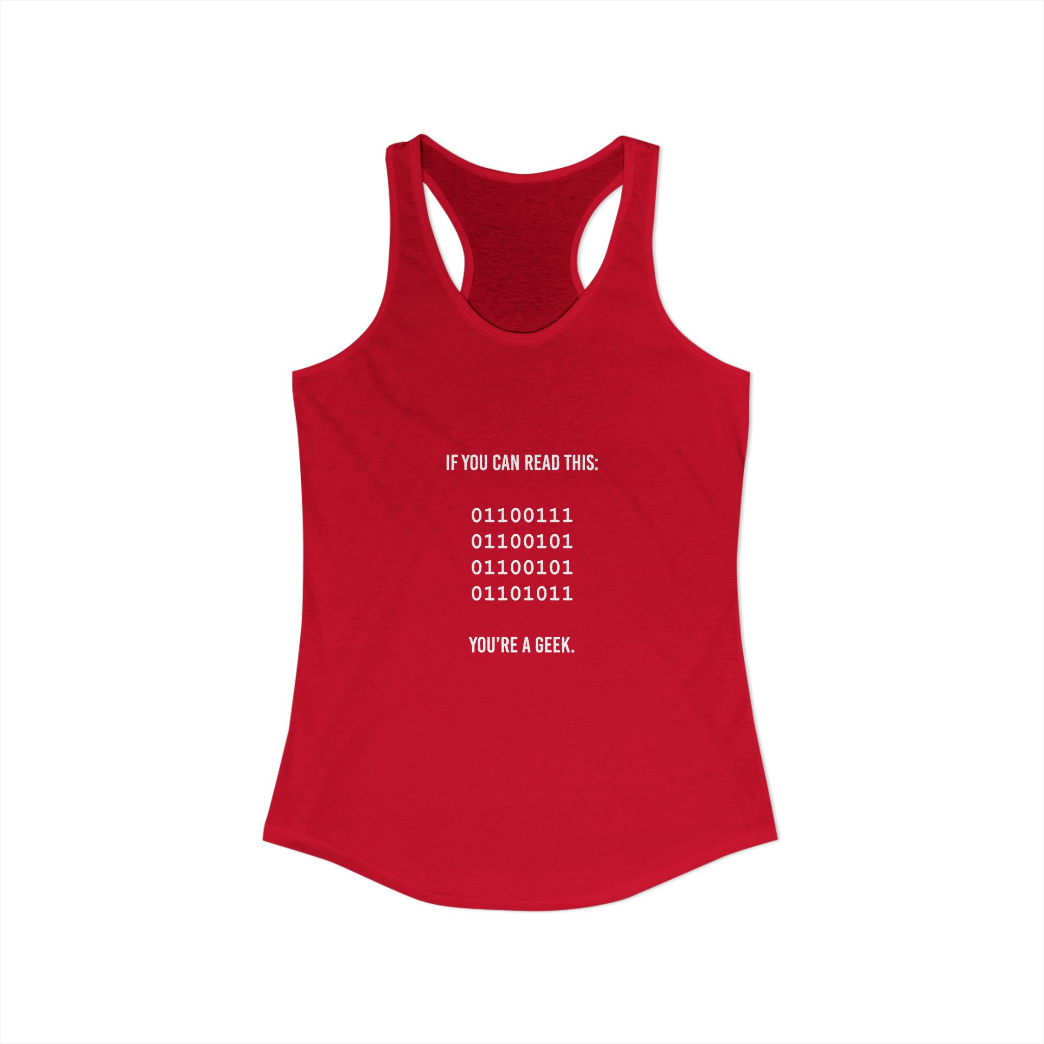 Geek Binary Code women's racerback tank in Solid Red, front view