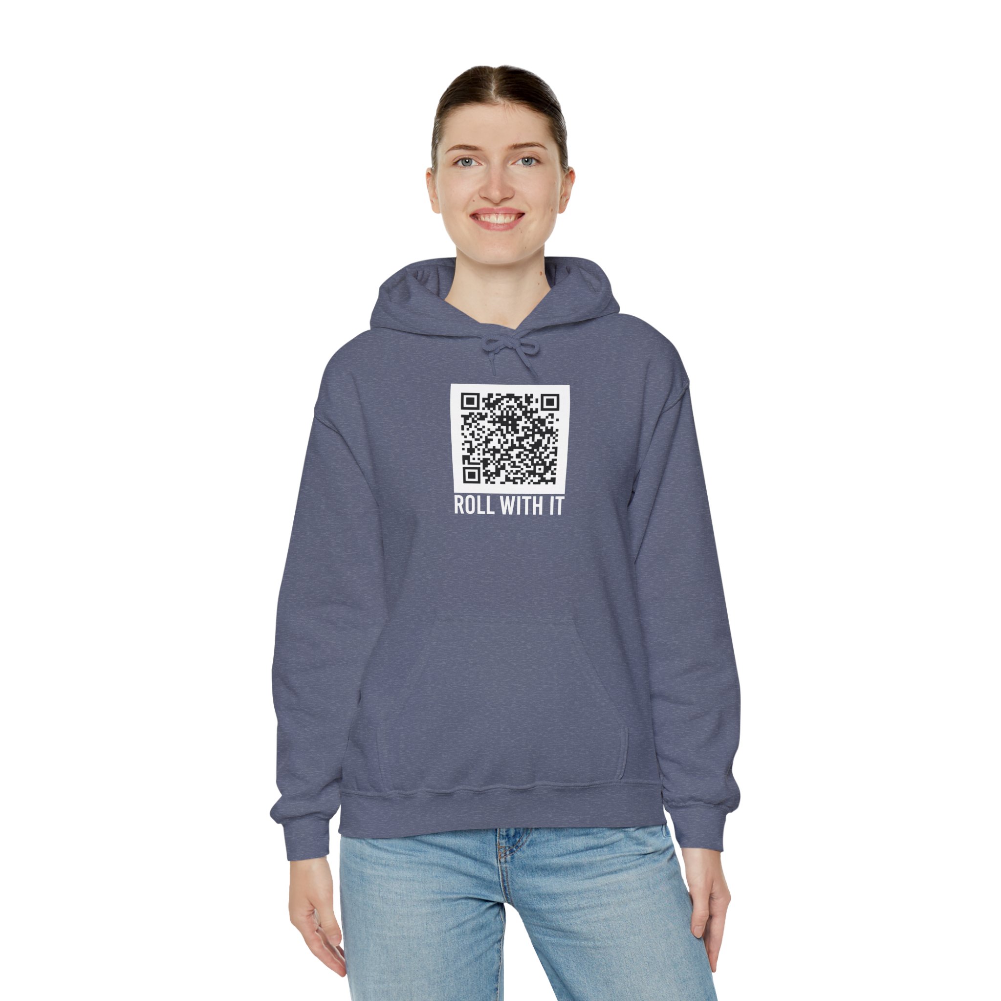 Roll With It QR Code hoodie in Heather Navy, worn by a model, third view