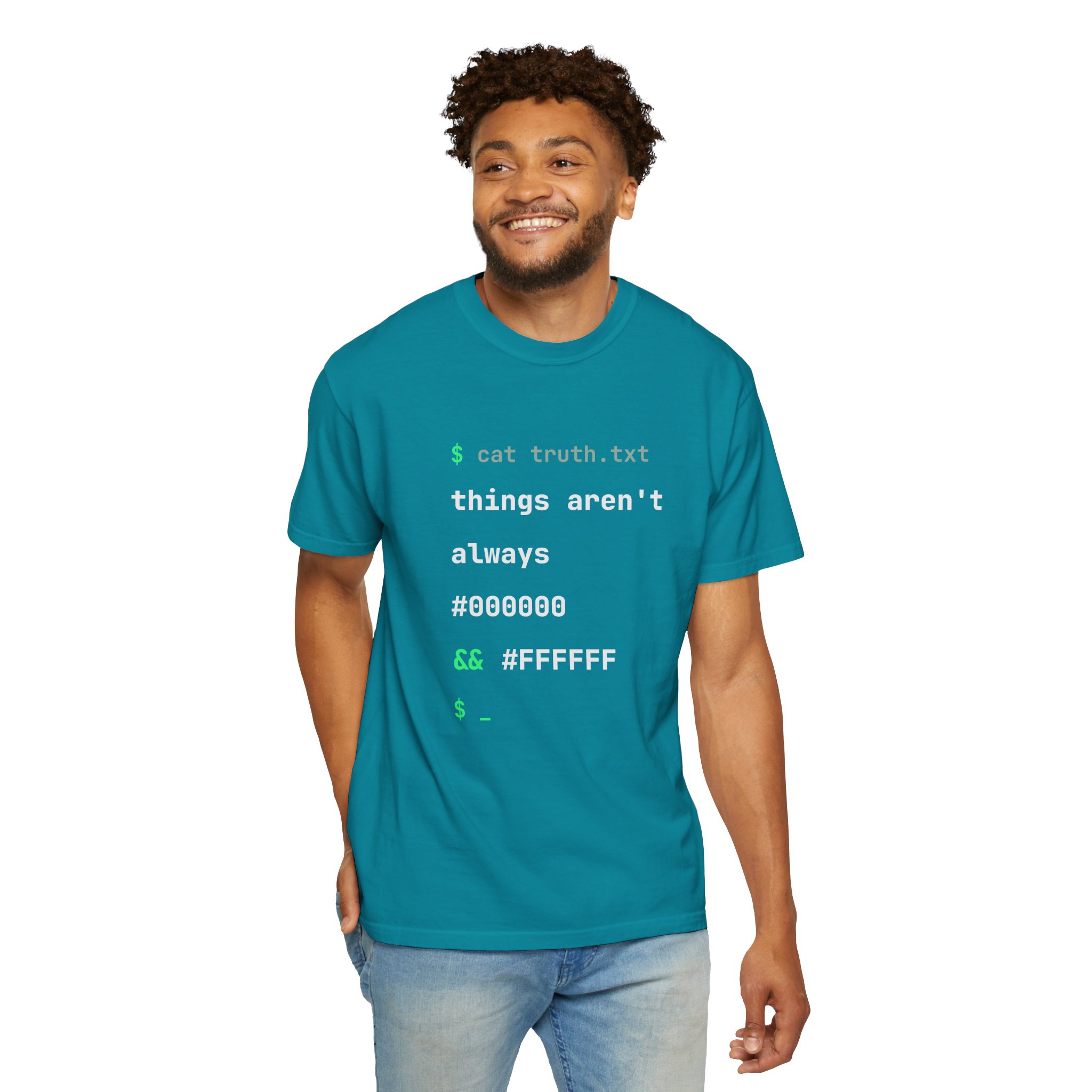 cat truth.txt T-shirt in Topaz Blue, worn by a man, second model
