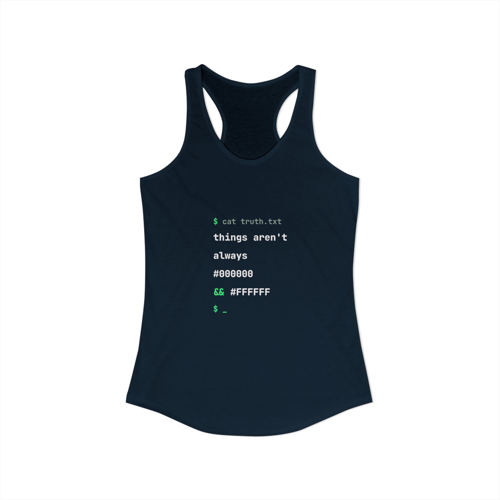 cat truth.txt women's racerback tank in Solid Midnight Navy, front view