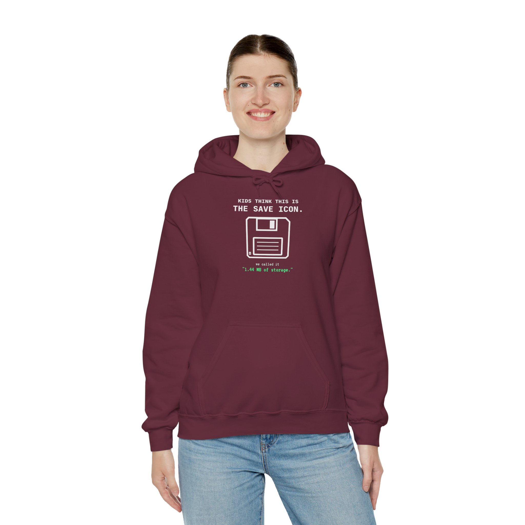The Original Save Icon hoodie in Maroon, worn by a model, third view