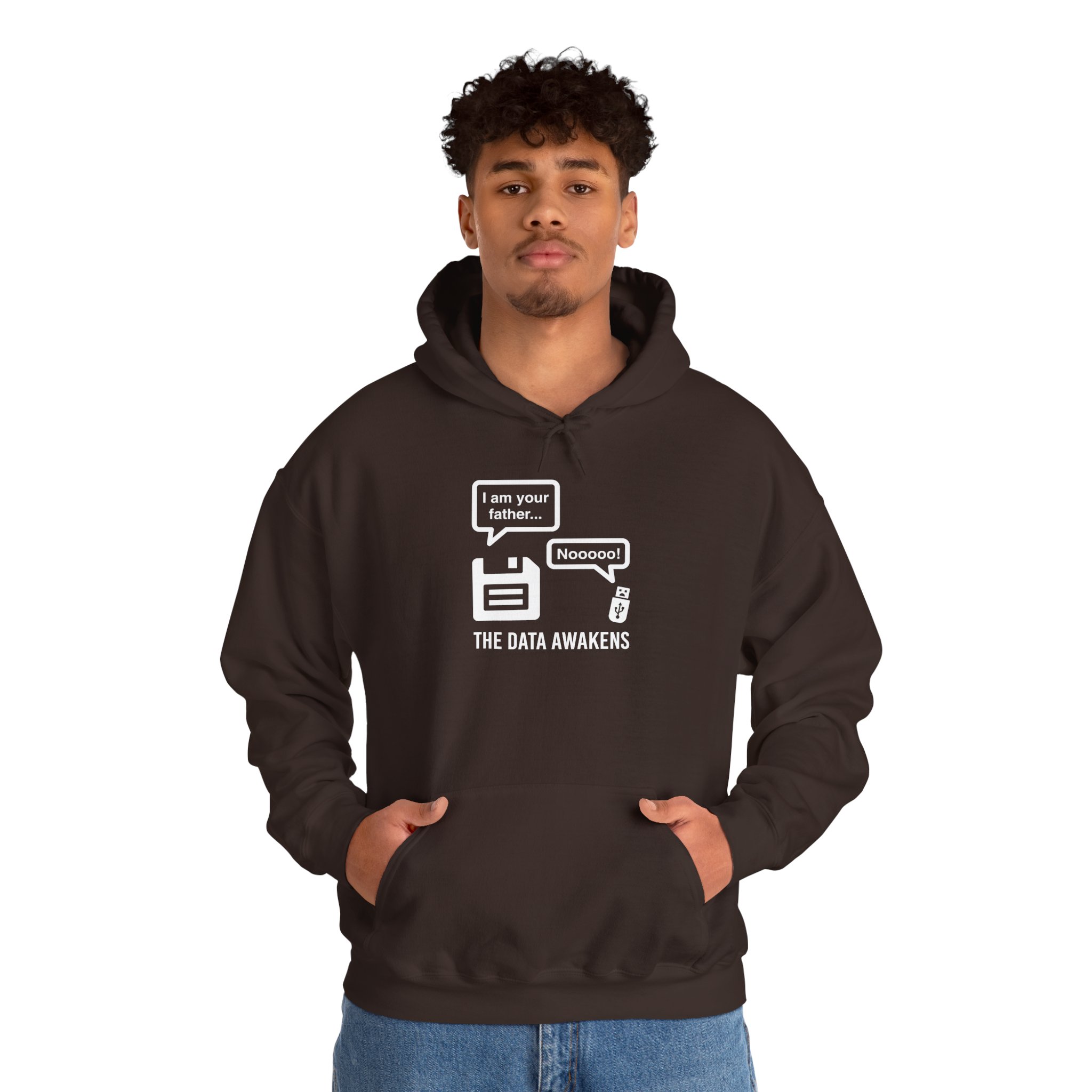 The Data Awakens hoodie in Dark Chocolate, worn by a model, second view