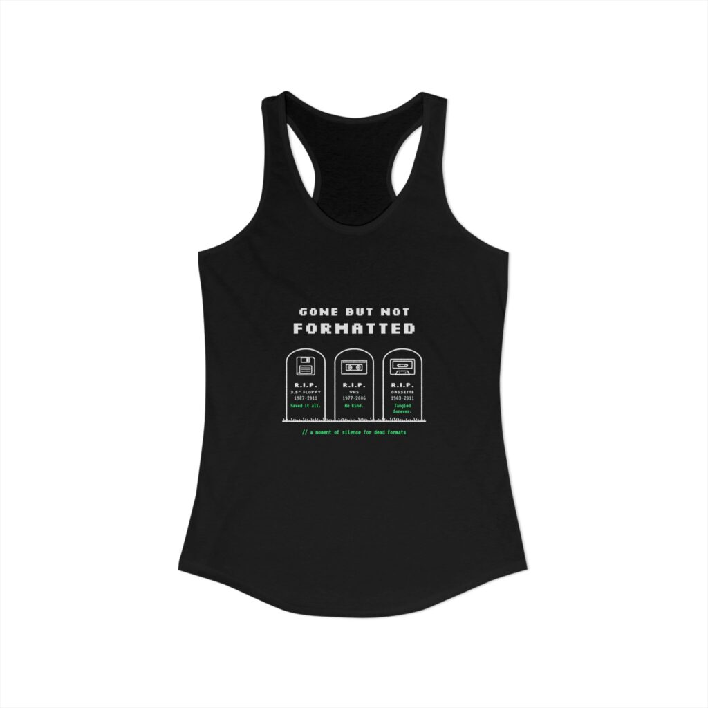Gone But Not Formatted women's racerback tank in Solid Black, front view