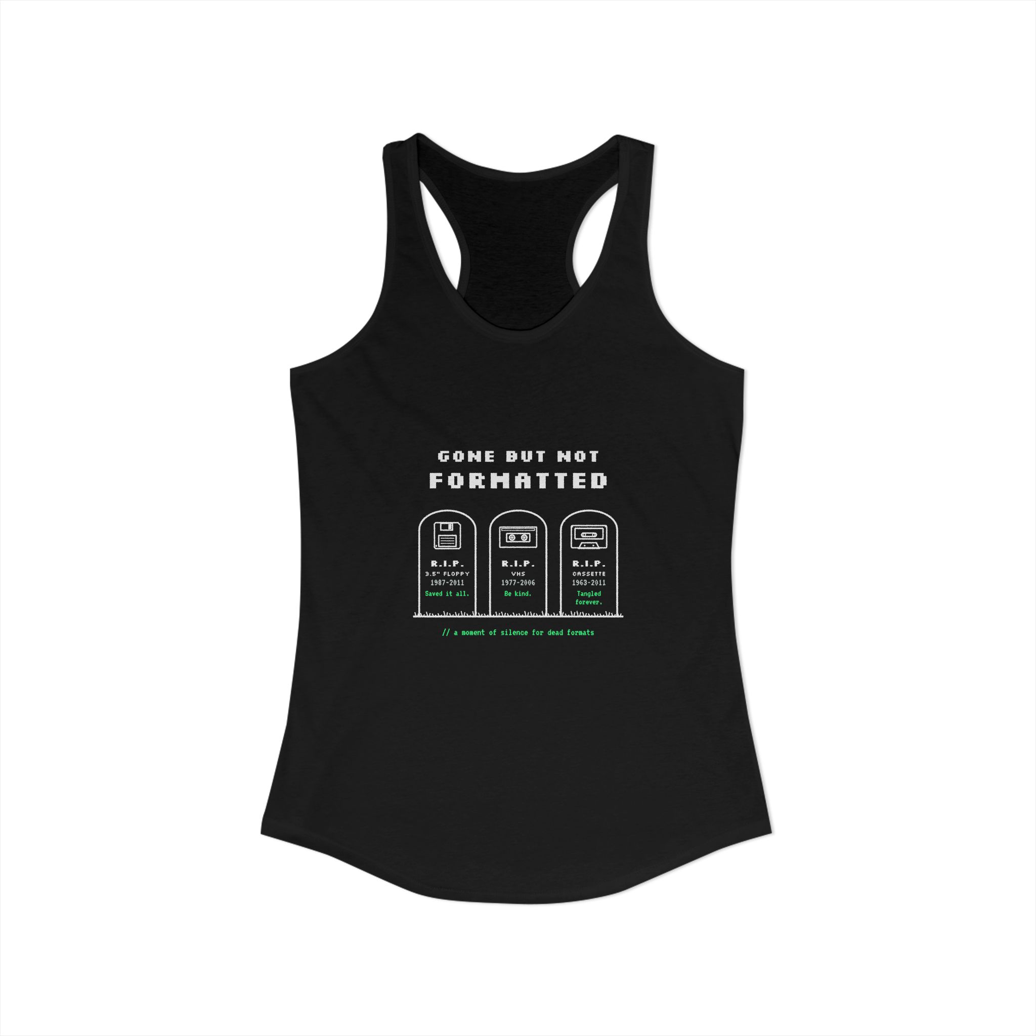 Gone But Not Formatted women's racerback tank in Solid Black, front view
