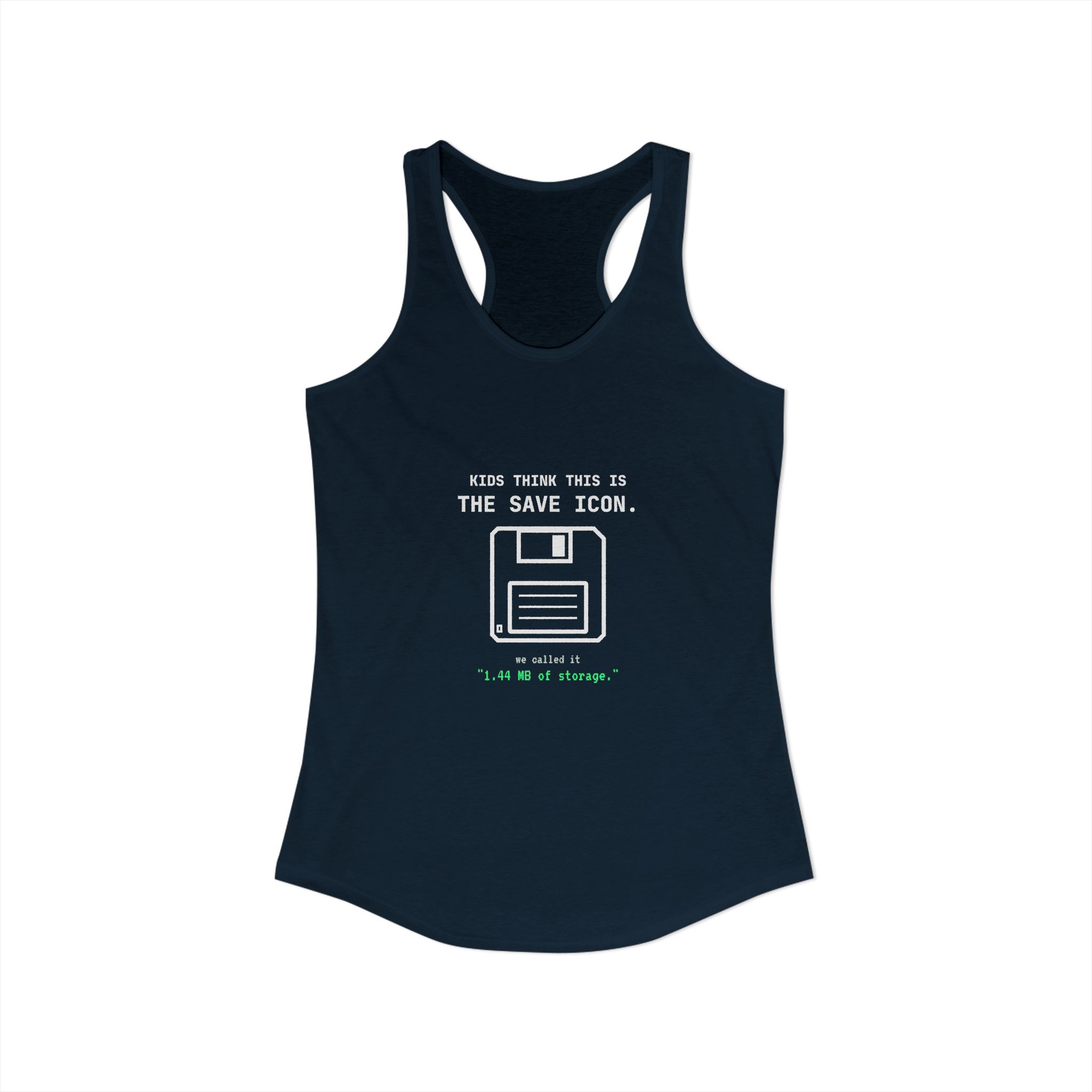 The Original Save Icon women's racerback tank in Solid Midnight Navy, front view